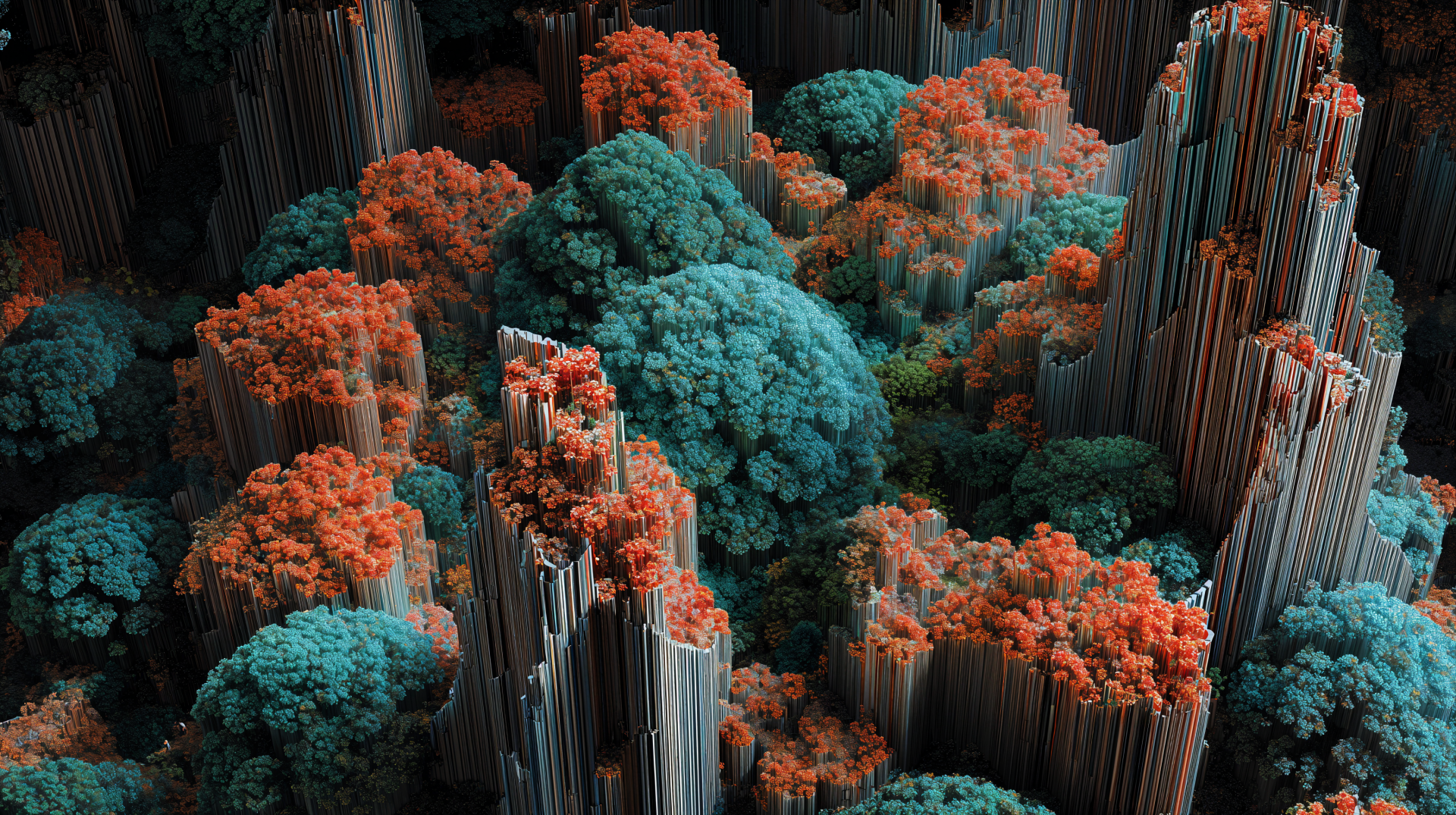 Abstract 'Entropy' fractal landscape of teal and coral organic mounds amid tall metallic columnar spikes — high-detail 4K Ultra HD PC desktop wallpaper and background.