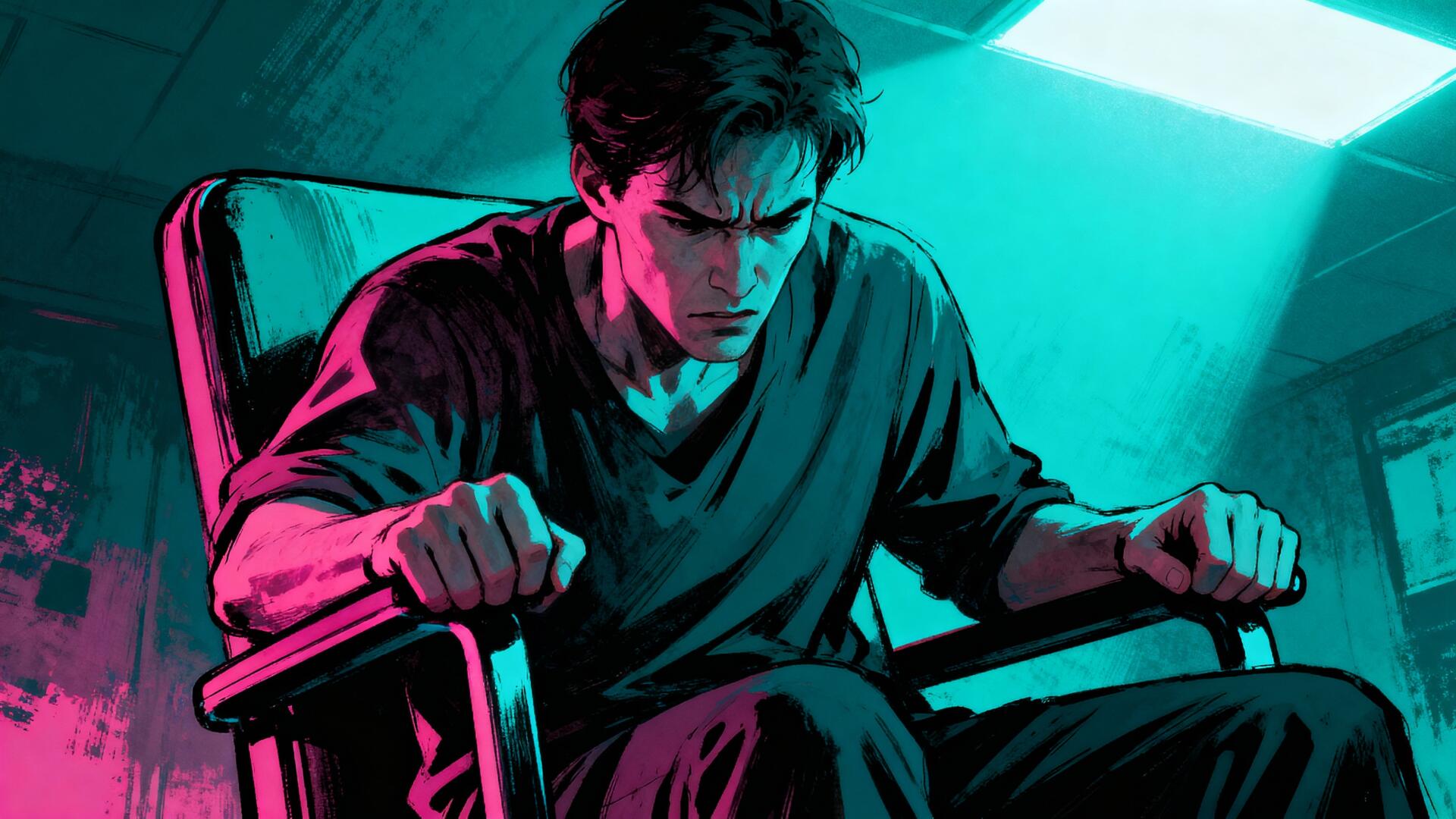 Stressed out man gripping armrests in a tilted chair under neon teal and magenta light — 4K Ultra HD PC desktop wallpaper/background