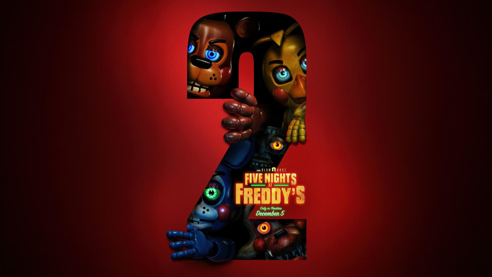 Five Nights at Freddy's 2 5K Ultra HD PC desktop wallpaper: bold red background with a large '2' formed by eerie animatronic faces and grasping hands.