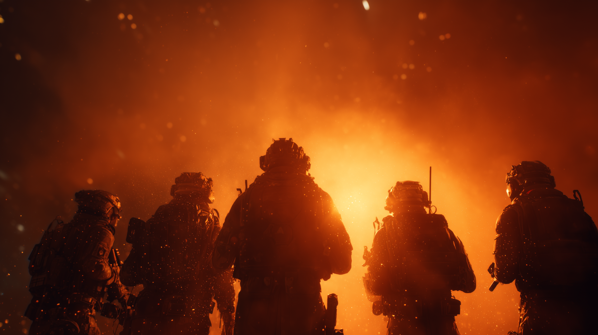 Silhouetted soldiers with a central military leader advancing toward a massive explosion, a dramatic army scene rendered as a 2K Quad HD PC desktop wallpaper/background.