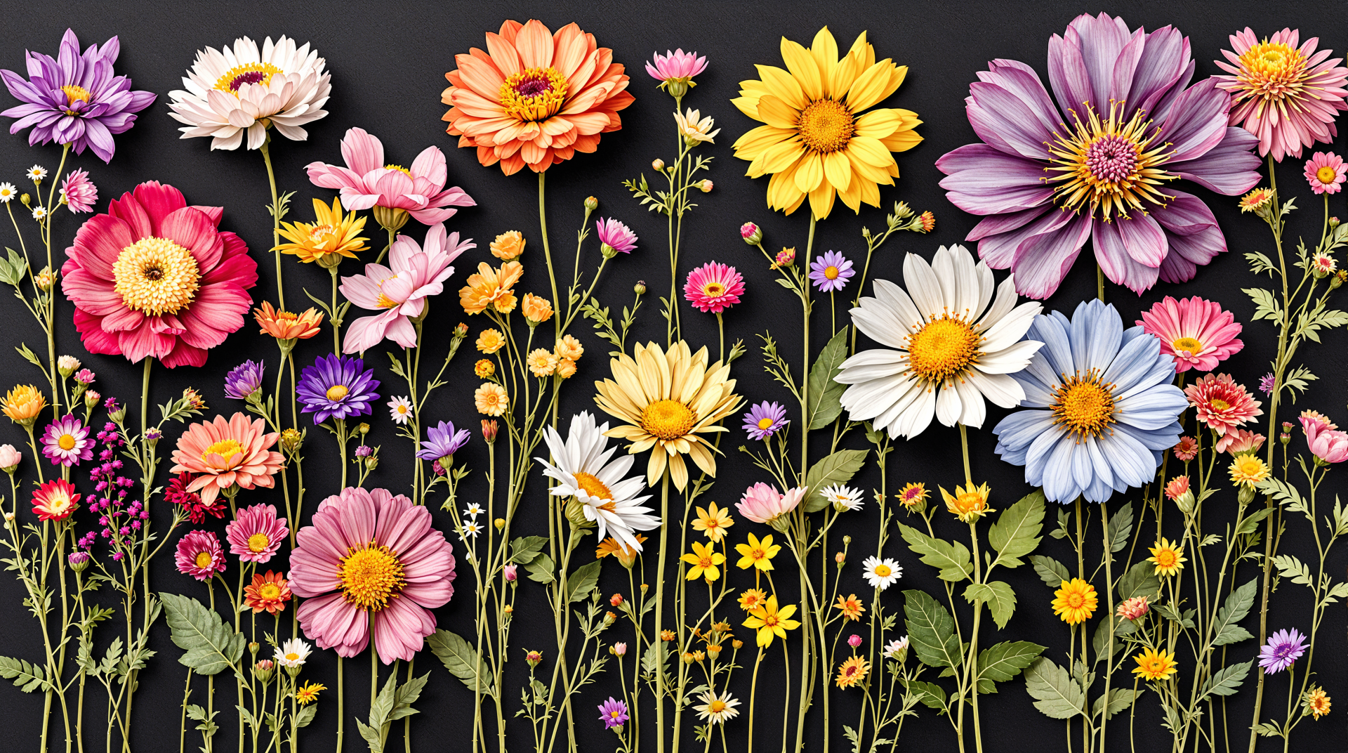 Pressed wildflowers and daisies on a dark background — vivid, highly detailed composition rendered as a 4K Ultra HD PC desktop wallpaper and background.