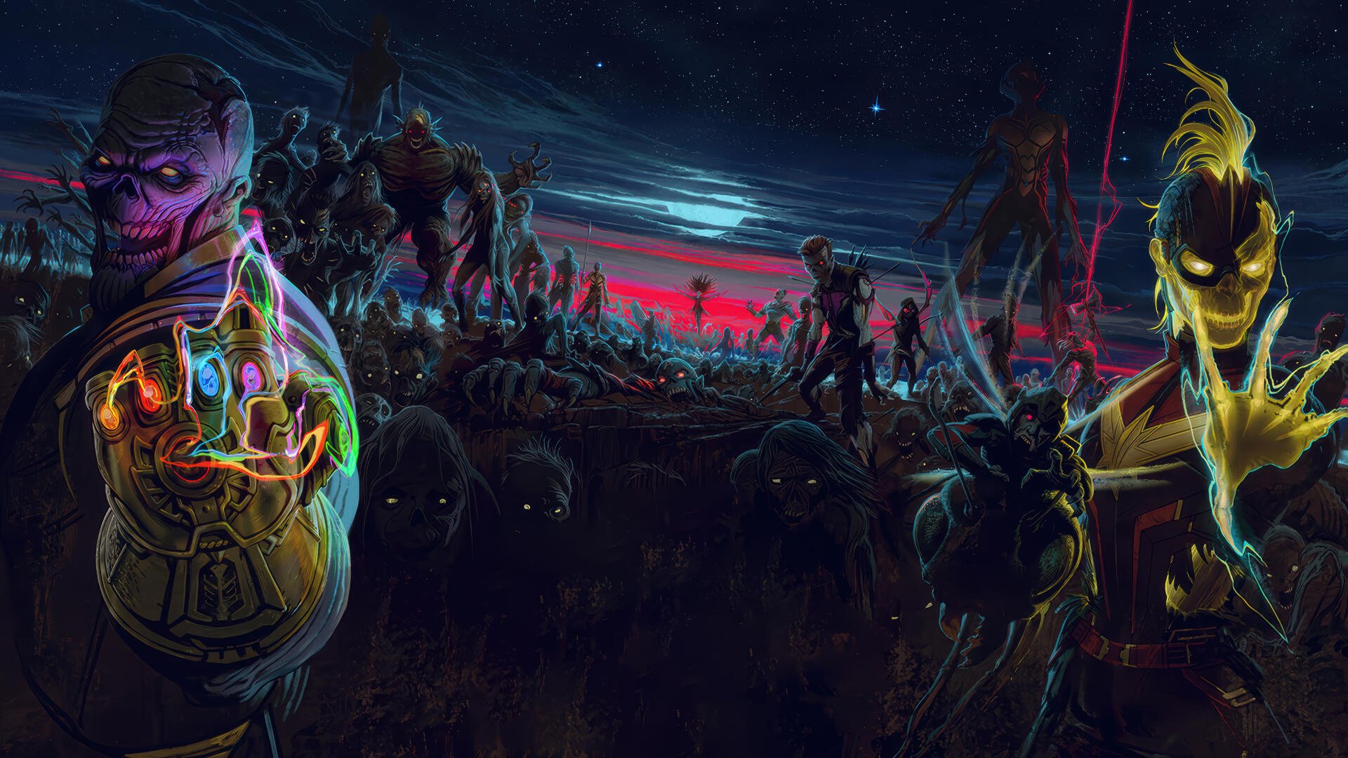 4K Ultra HD PC desktop wallpaper: Marvel Zombies — neon-glowing, decayed superheroes and a massive undead horde under a blood-red, stormy night sky.