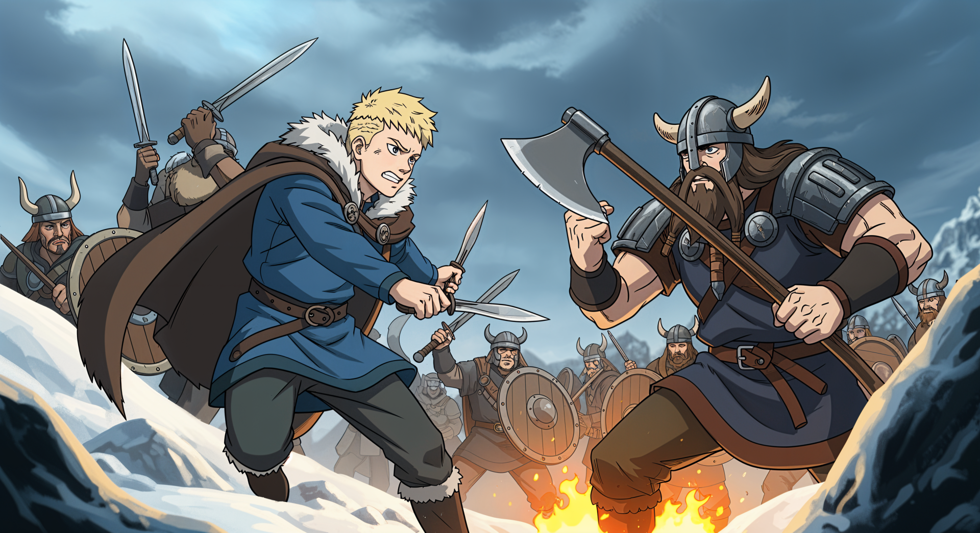 Vinland Saga 4K Ultra HD PC desktop wallpaper background: young warrior clashes with a horned Viking axeman on a snowy battlefield, fire and soldiers raging behind.