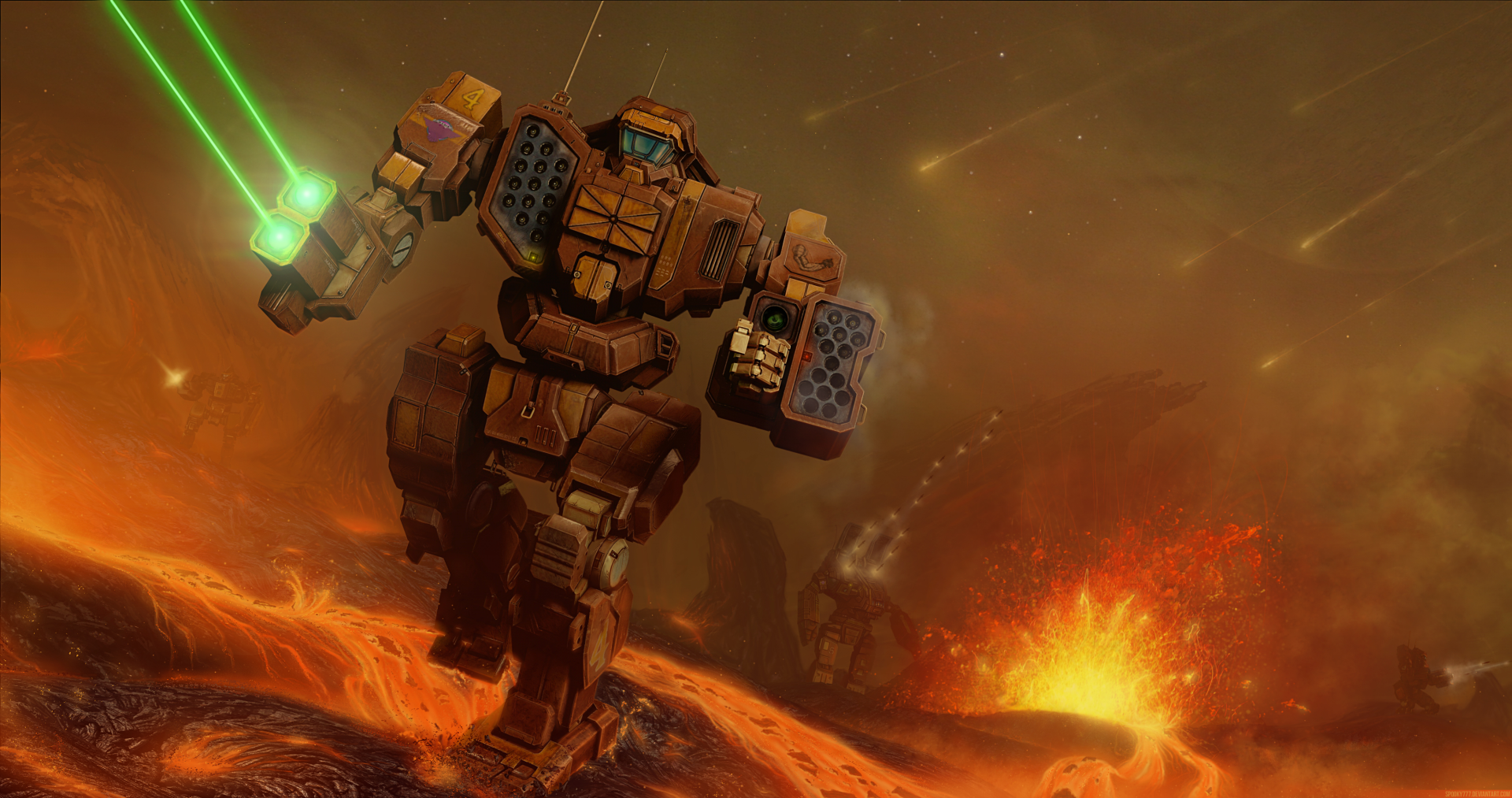 4K Ultra HD PC desktop wallpaper of a Battletech video game mecha charging across volcanic terrain, firing green energy weapons amid explosions and smoke.