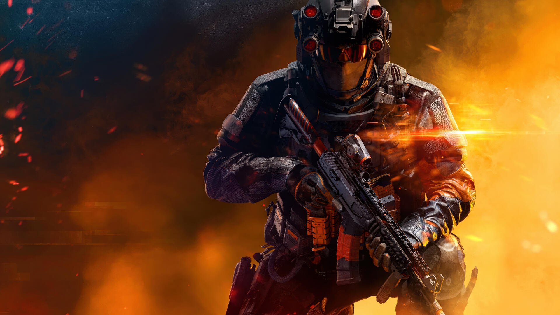 Armored soldier with assault rifle amid fiery explosions — Battlefield: RedSec video game scene, Battlefield series, 5K Ultra HD PC desktop wallpaper/background.