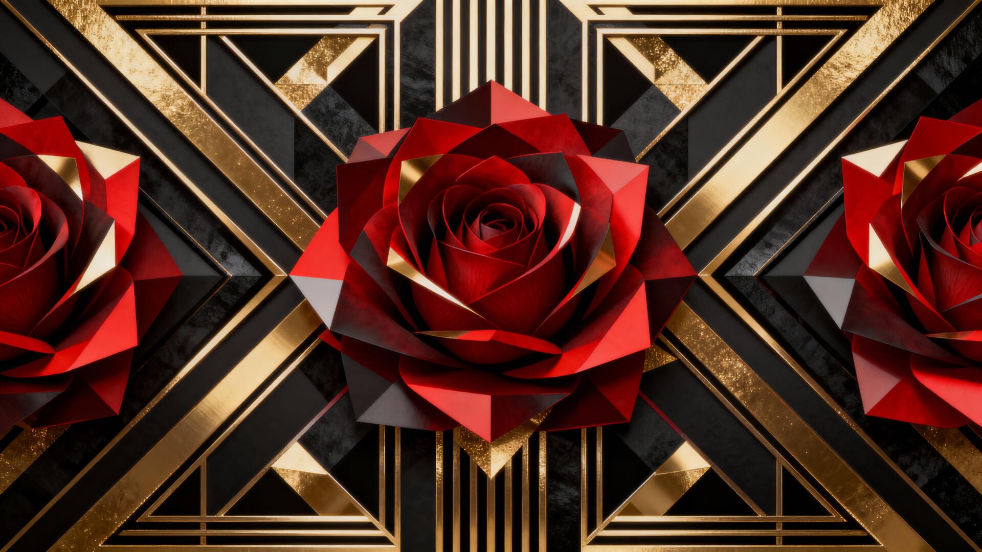 4K Ultra HD PC desktop wallpaper and background: origami-style red rose centered on black and gold Art Deco geometric panels, mirrored roses along the sides.