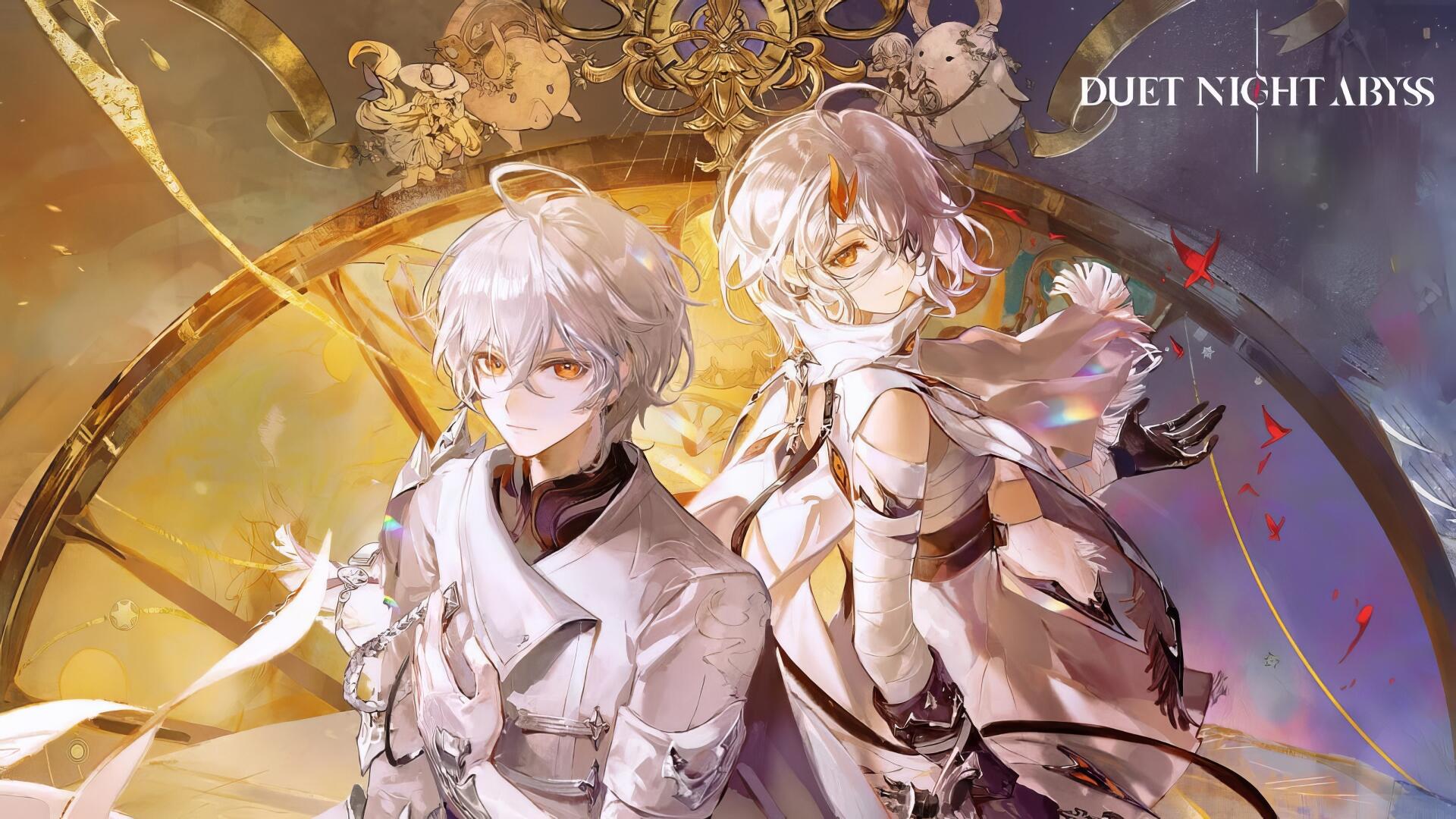 HD PC desktop wallpaper and background for the video game Duet Night Abyss showing two white-haired characters back-to-back amid golden clockwork and ethereal light.