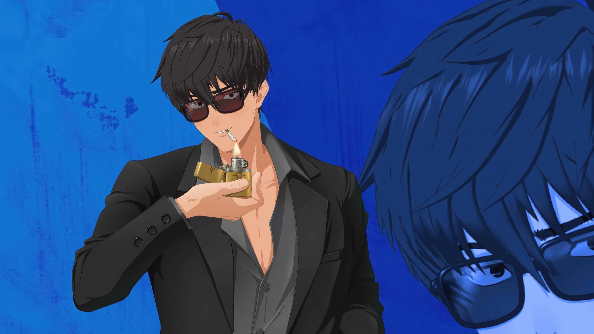 4K PC anime desktop wallpaper featuring Trigun Stargaze's Nicholas D. Wolfwood in a black suit and sunglasses, holding a lighter against a deep blue portrait-style background.
