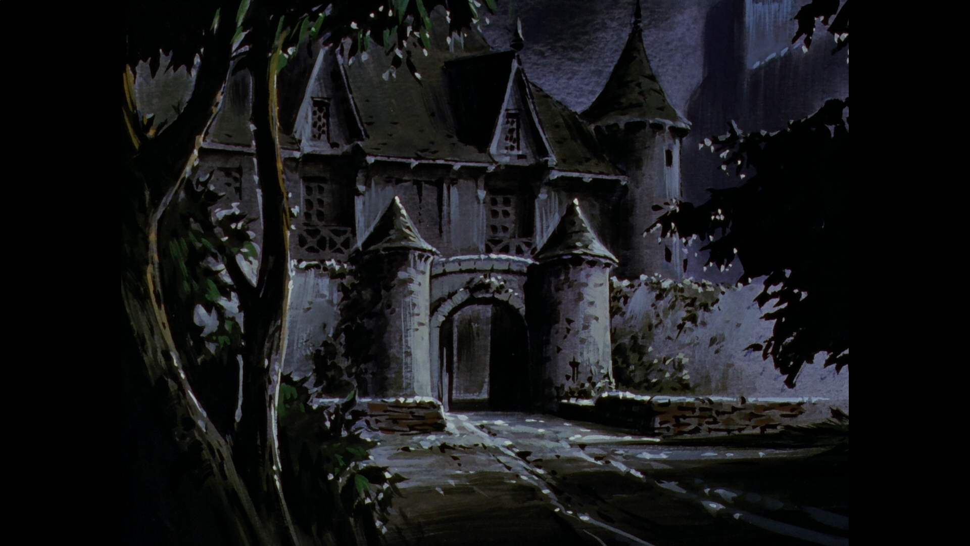 Moonlit Berserk-style anime castle: crumbling stone turrets and arched entrance framed by twisted trees, a moody dark anime scene rendered as an HD PC desktop wallpaper background.