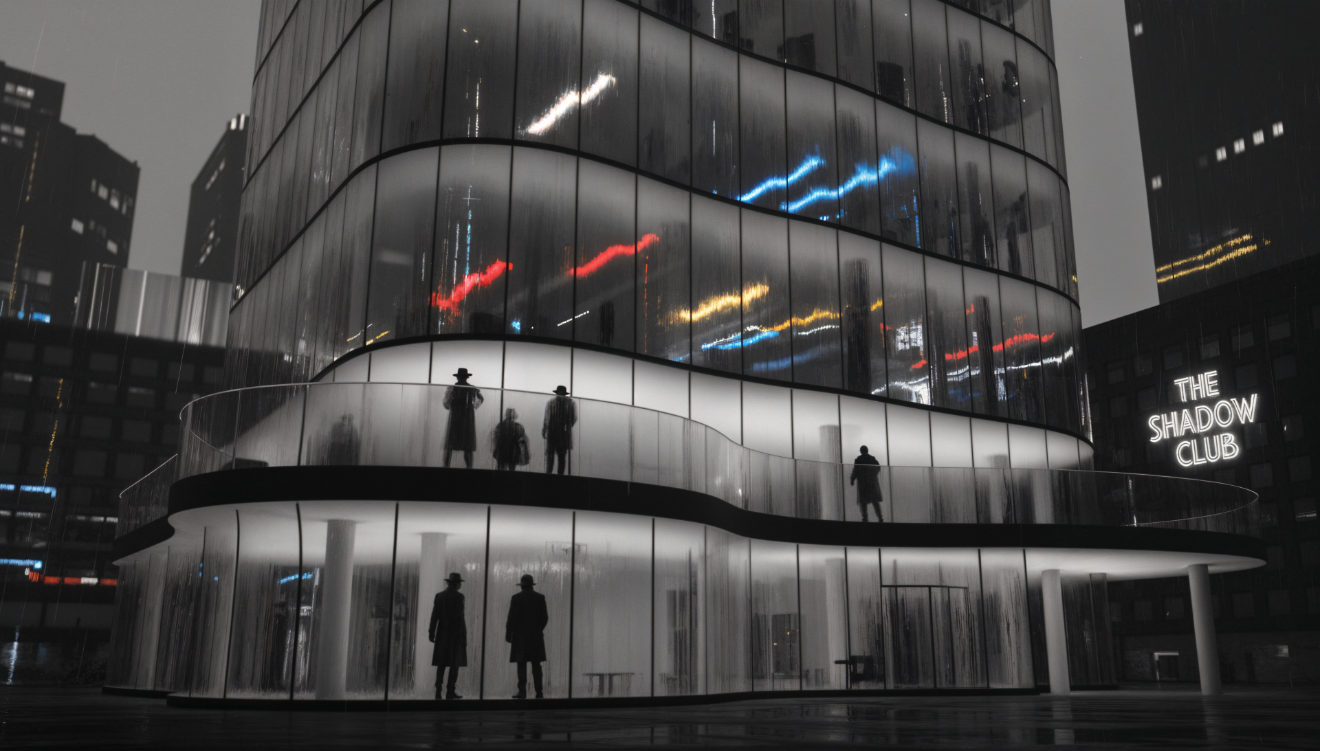 4K Ultra HD PC Desktop Wallpaper and Background: monochrome curving glass building at night, silhouetted figures on balconies and streaks of colored neon light.
