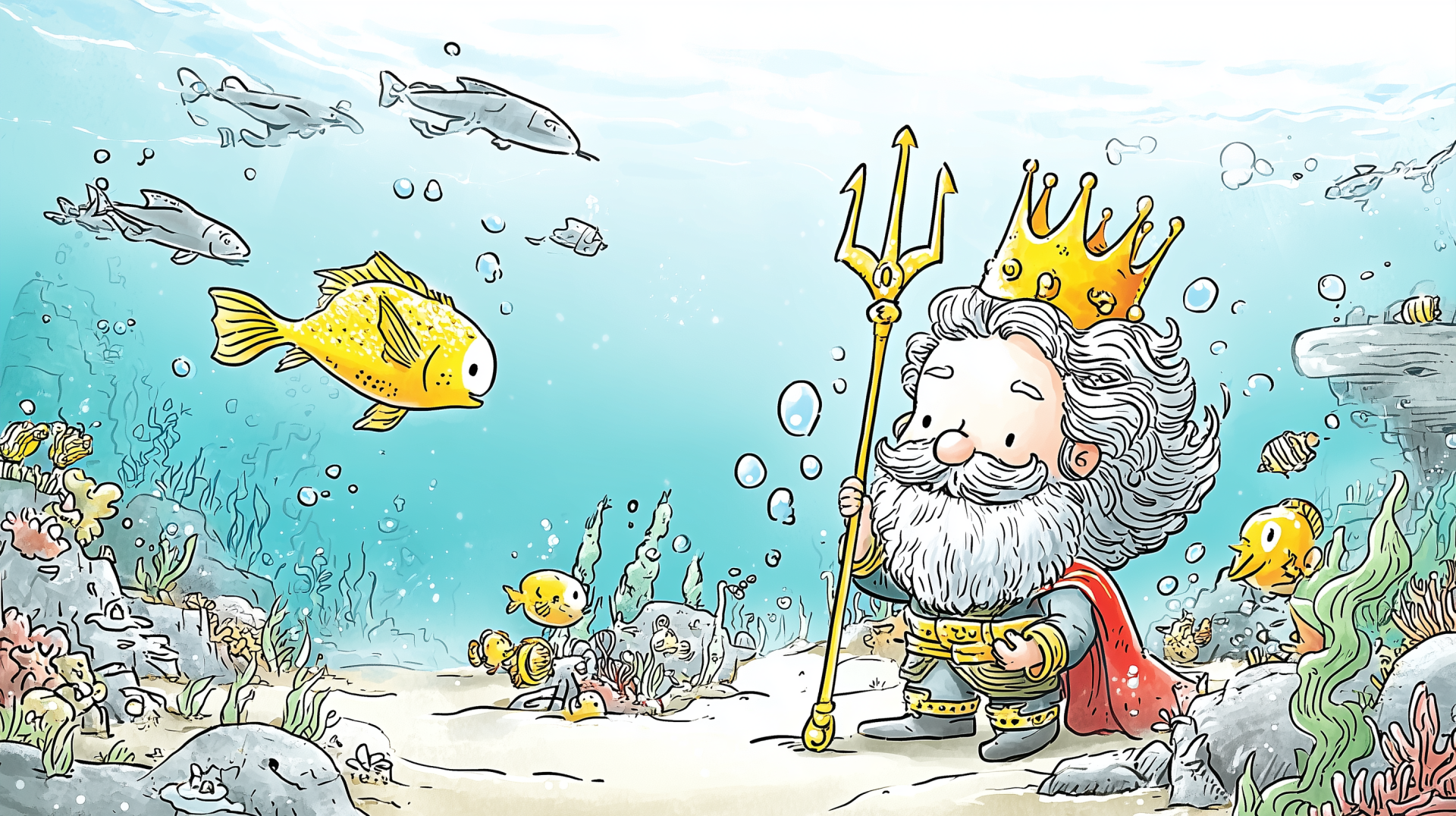 Illustration of King Neptune underwater, crowned with trident among fish and coral — 2K Quad HD PC desktop wallpaper background.