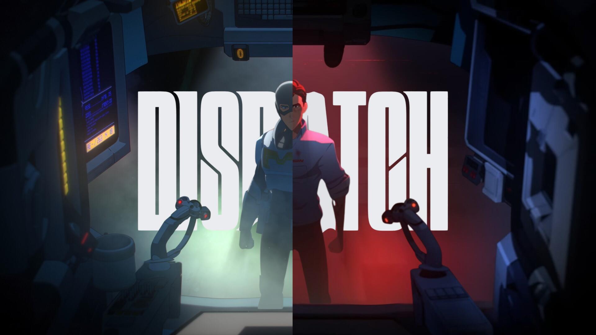 Dispatch video game 2K Quad HD PC desktop wallpaper: lone masked figure in a split-lit sci‑fi control room, green light left, red right, with bold 'DISPATCH' title behind.