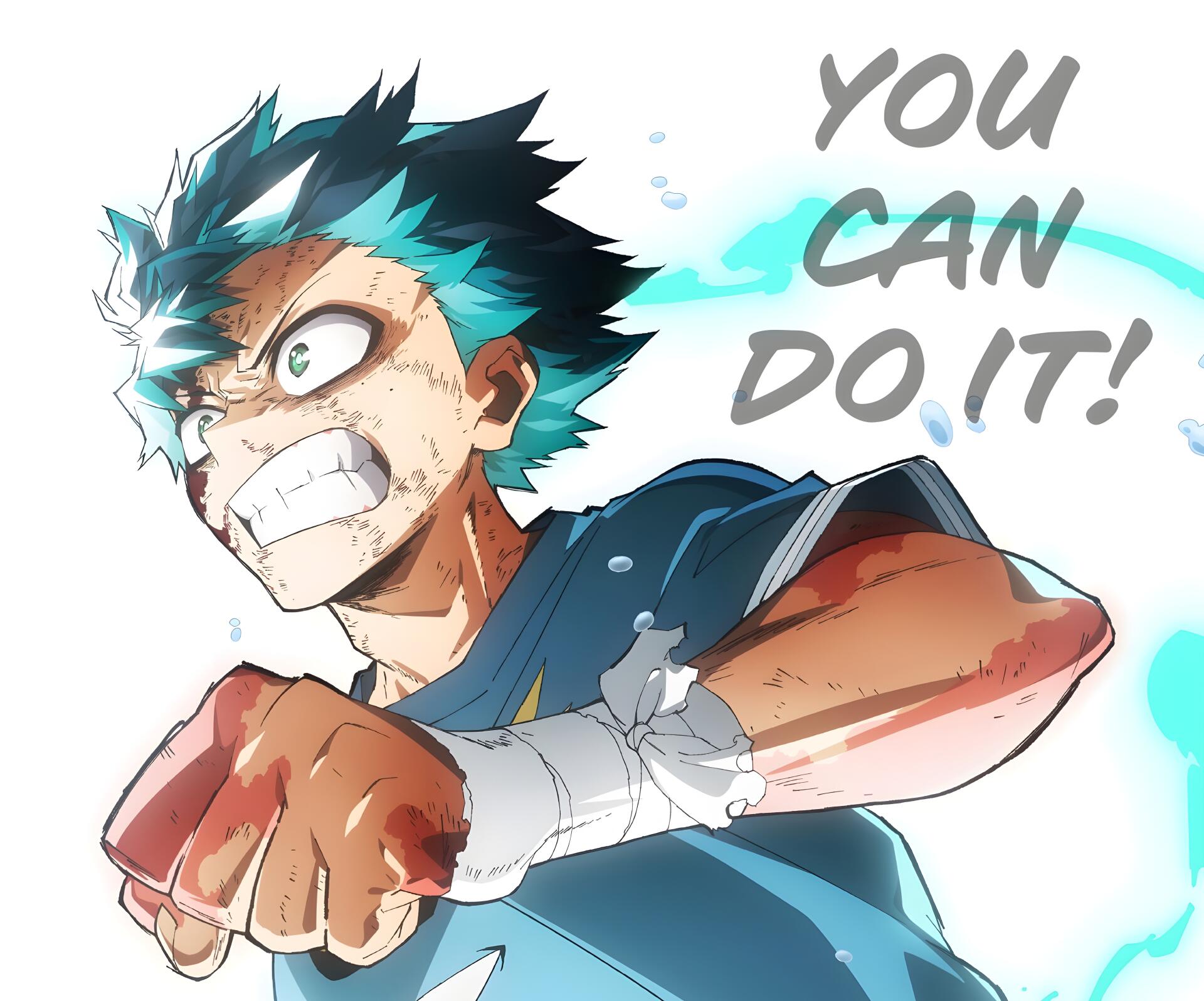 5K Ultra HD PC anime desktop wallpaper of Izuku Midoriya (My Hero Academia), determined, gritting teeth with clenched fist and You CAN DO IT! text.