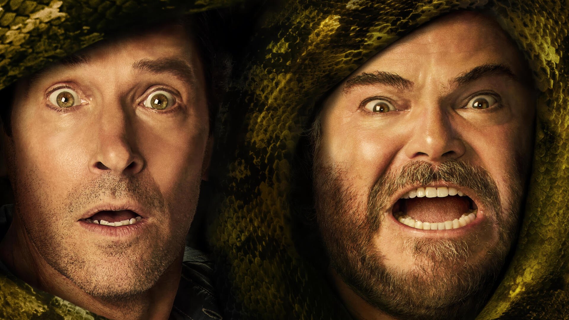 Close-up of two shocked men entwined by a giant anaconda, cinematic poster for Anaconda (2025), 4K Ultra HD PC desktop wallpaper.