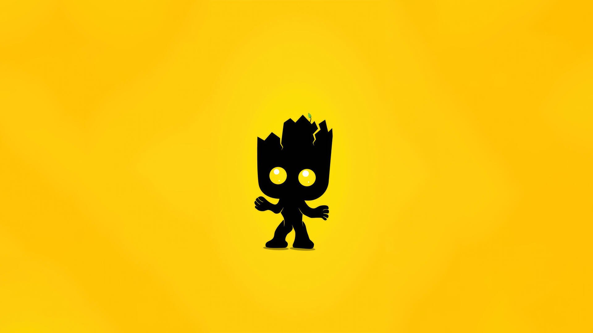 Minimalist Marvel Comics Groot silhouette with glowing yellow eyes centered on bold yellow background — 4K Ultra HD PC desktop wallpaper, comic-inspired.