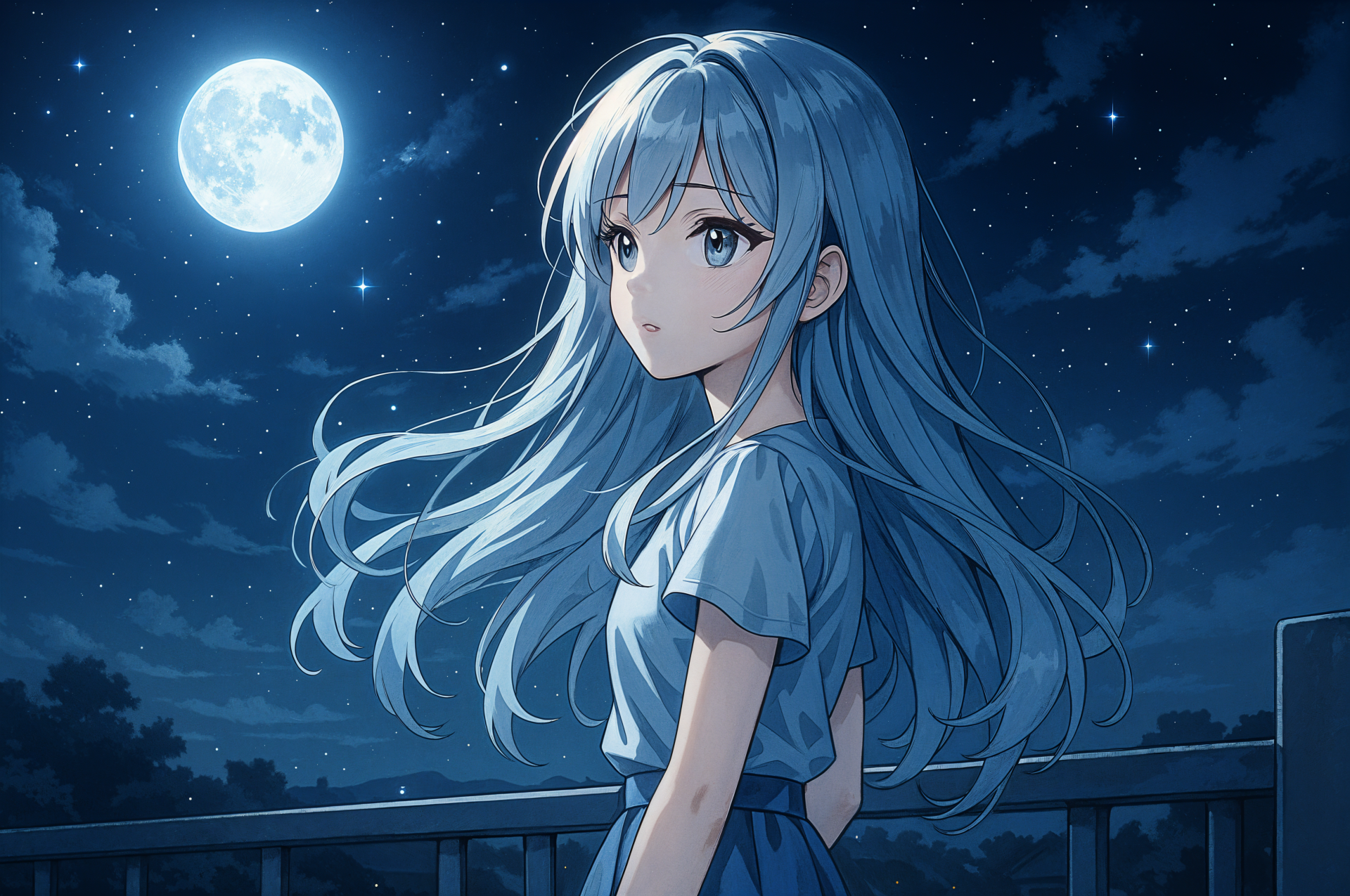 Anime night: blue-haired girl on a balcony beneath a full moon and starry sky — 4K Ultra HD PC desktop wallpaper/background.