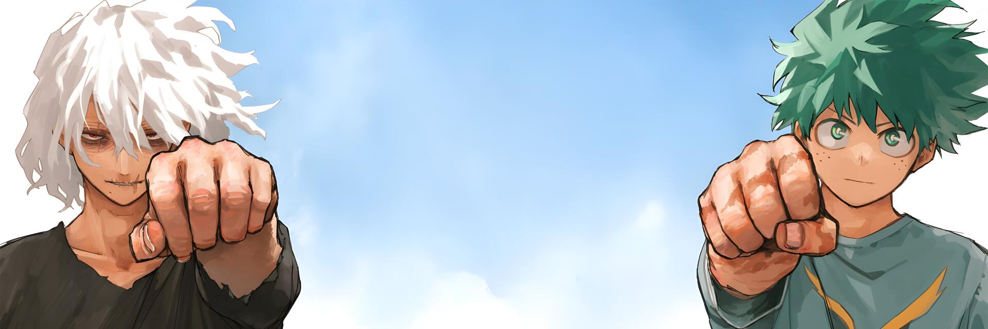 Anime 2K Quad HD PC wallpaper of My Hero Academia: Tomura Shigaraki and Izuku Midoriya with clenched fists at the screen edges against a clear blue sky.