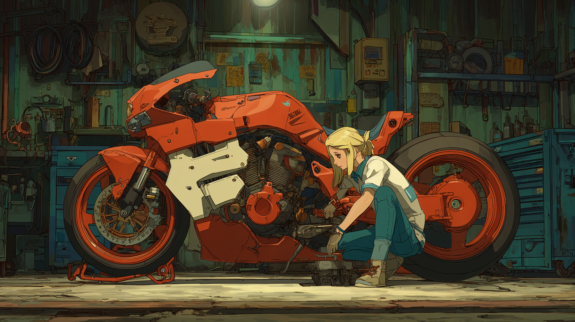 Anime girl tuning a red motorcycle in a cluttered garage — motorcycle, anime motorcycle scene rendered as a 4K Ultra HD PC desktop wallpaper and background.