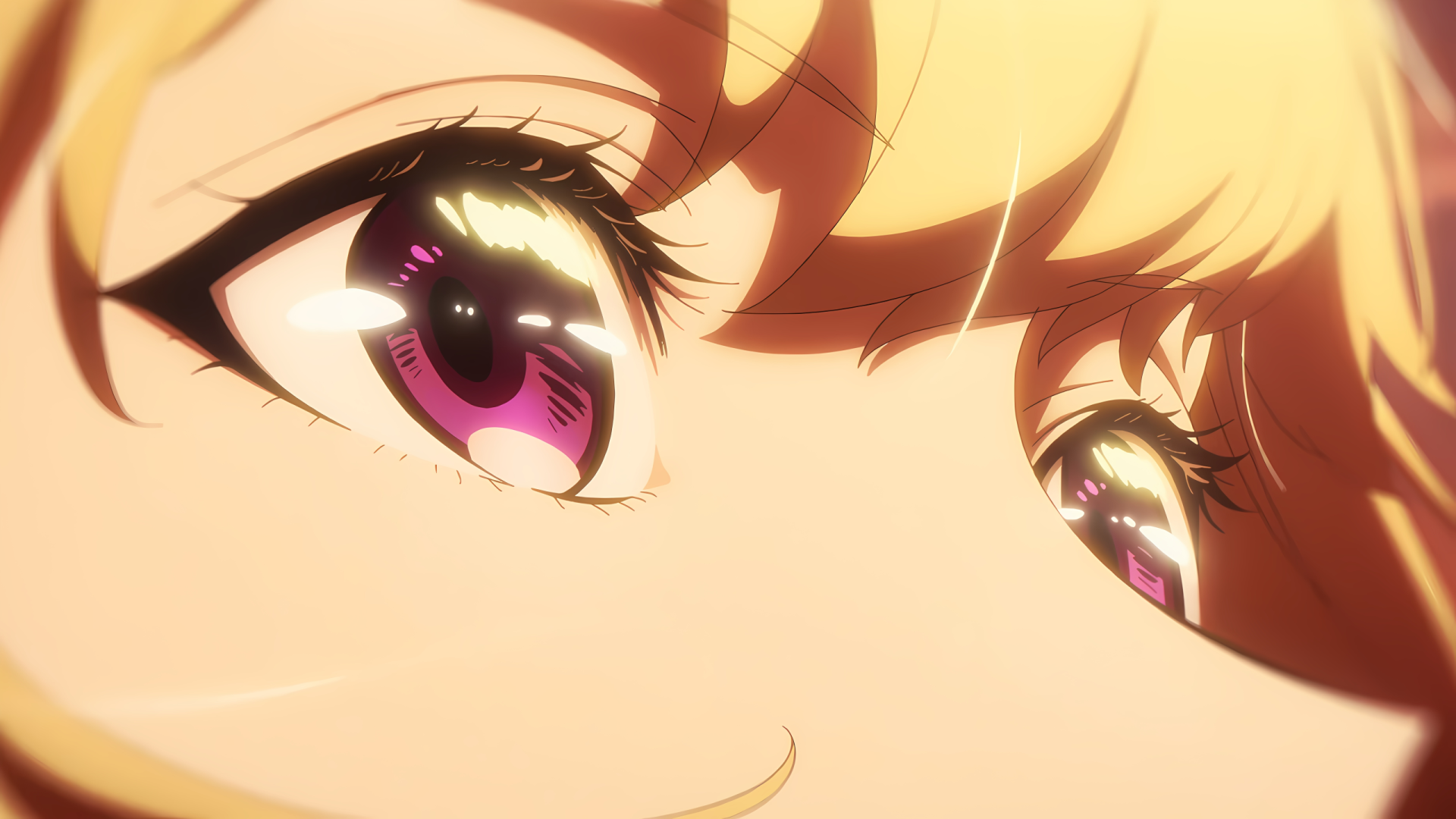 Close-up of Cha Hae-in's expressive purple anime eyes, soft blonde bangs framing her face — 2K Quad HD Solo Leveling PC desktop wallpaper.