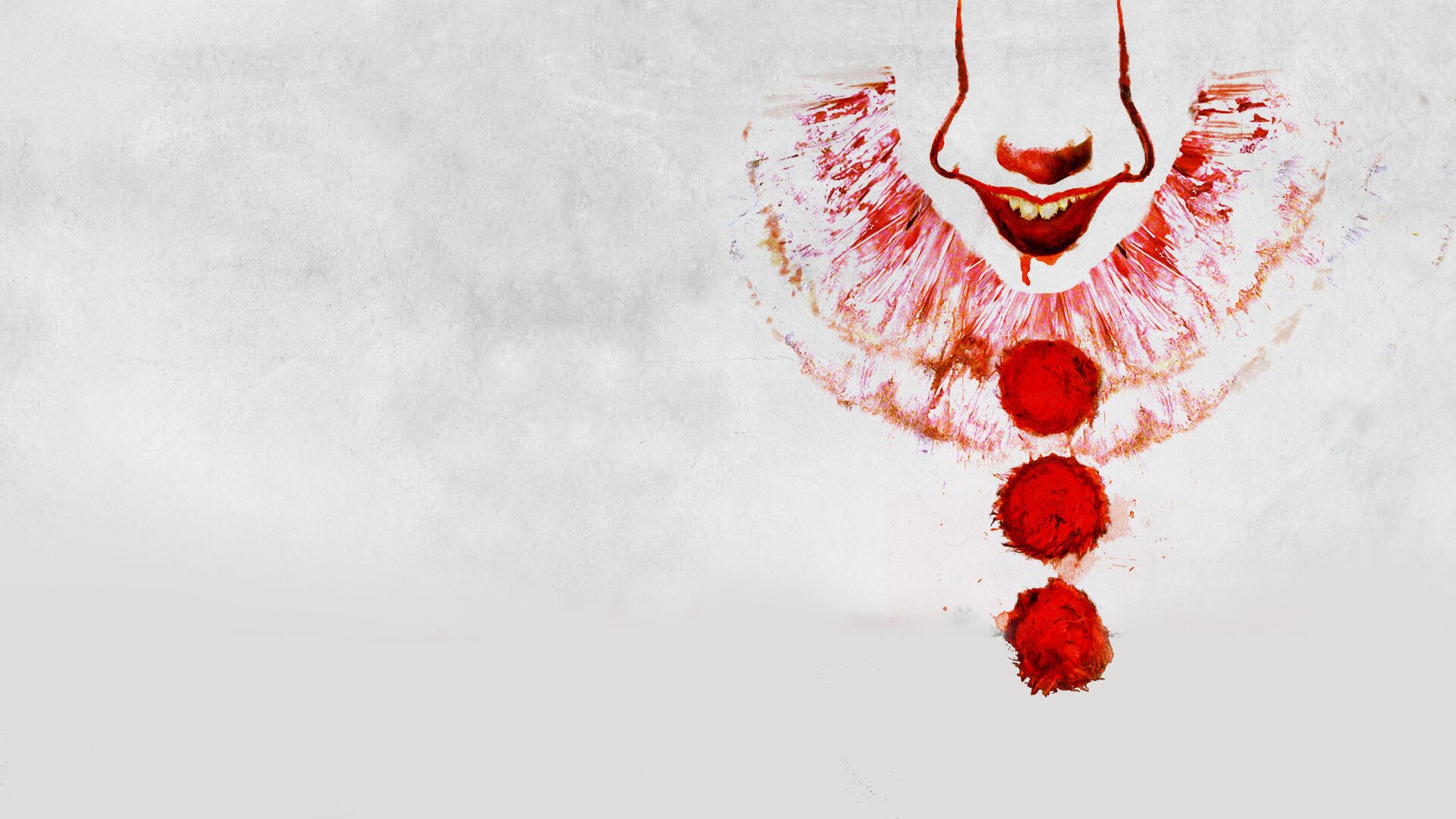4K Ultra HD PC desktop wallpaper: Pennywise from It (2017) — pale face with red smile, ruffled collar and three red pom-poms on a white background.