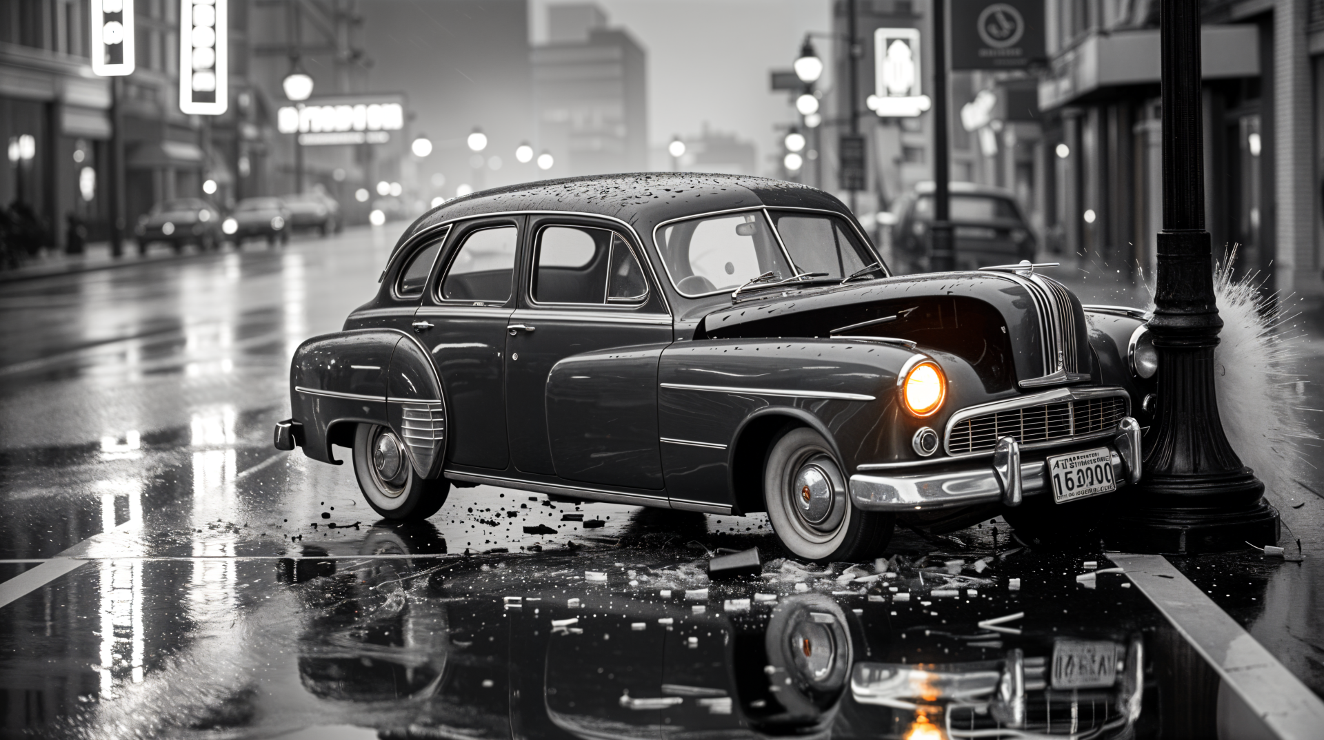 Black-and-white 4K Ultra HD PC desktop wallpaper: vintage car crashed on a rain-slick city street, broken glass and debris reflecting neon lights.