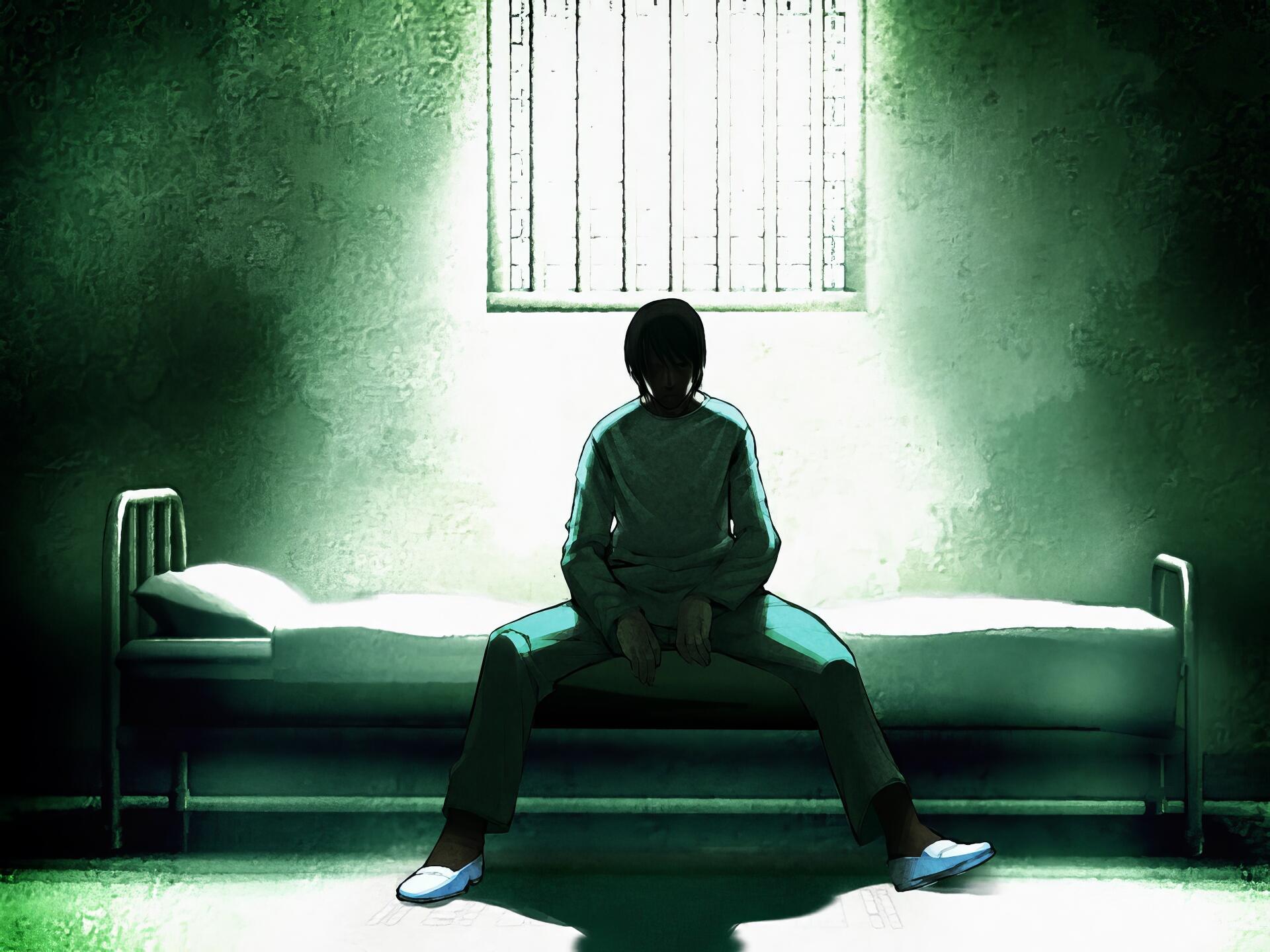 HD PC wallpaper: a lone figure sits slumped on a bed in a dim green-lit cell, conveying a depressed, unsettling mood tied to the horror video game The Song of Saya.