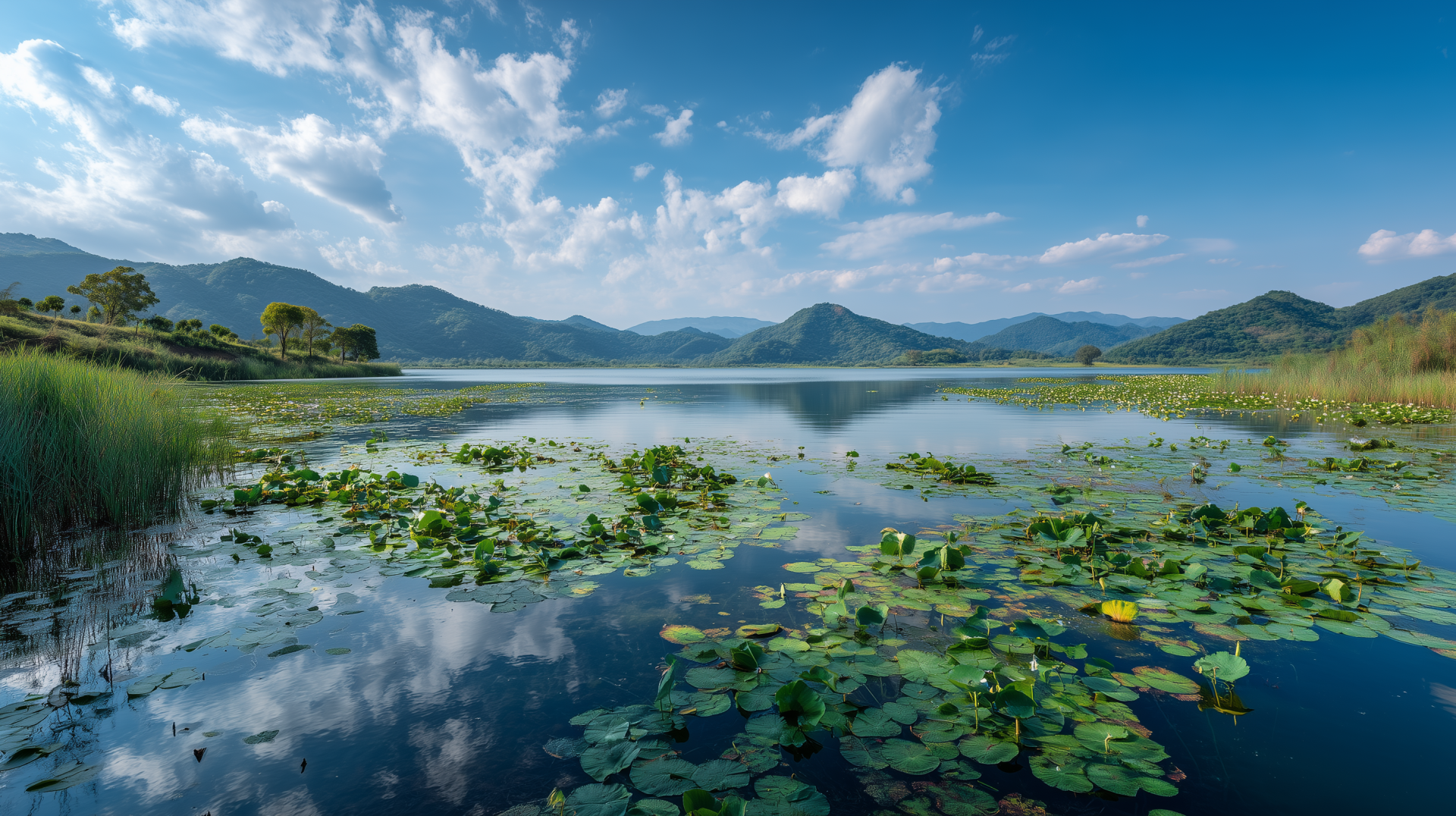 2K Quad HD PC desktop wallpaper — nature landscape: lake with aquatic plants and lily pads in the foreground, calm water reflecting clouds and distant mountains.