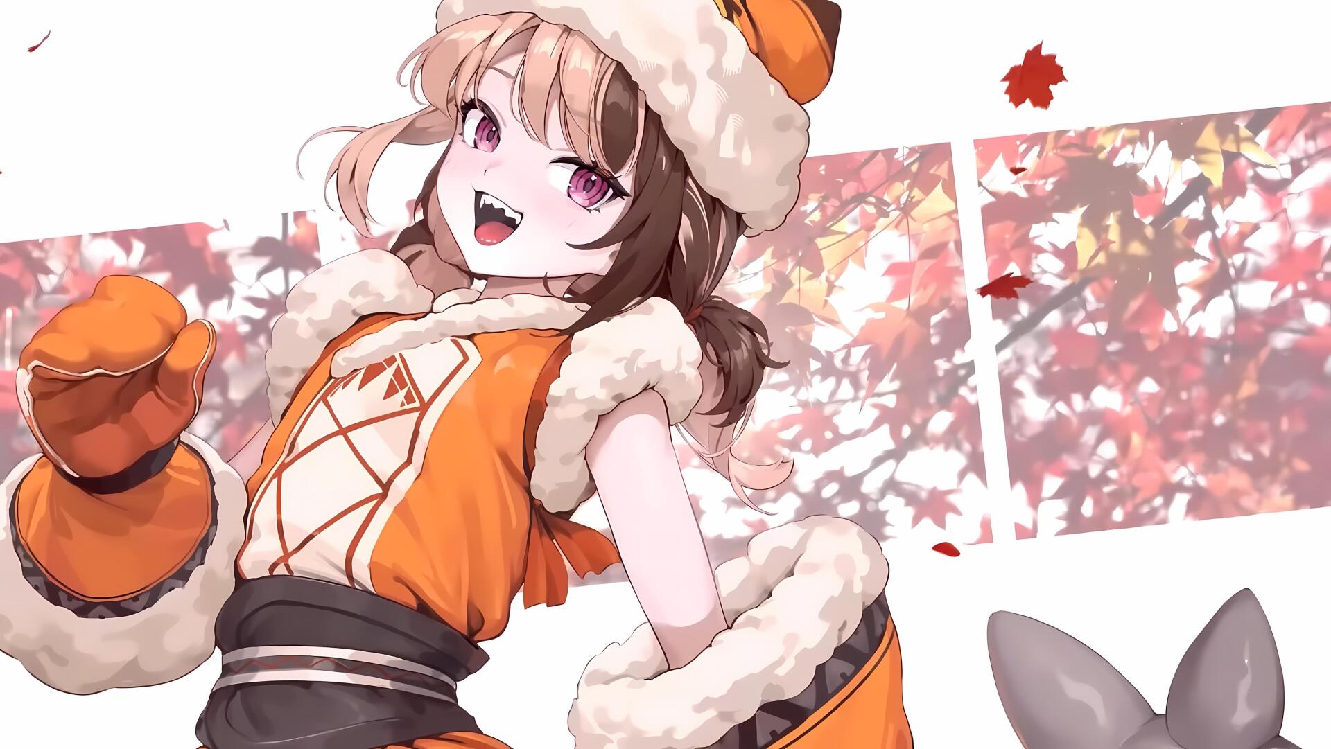 Orange-themed hololive Virtual YouTuber Gigi Murin in a fluffy fur-trimmed winter outfit, smiling amid falling autumn leaves — 4K Ultra HD anime PC desktop wallpaper.