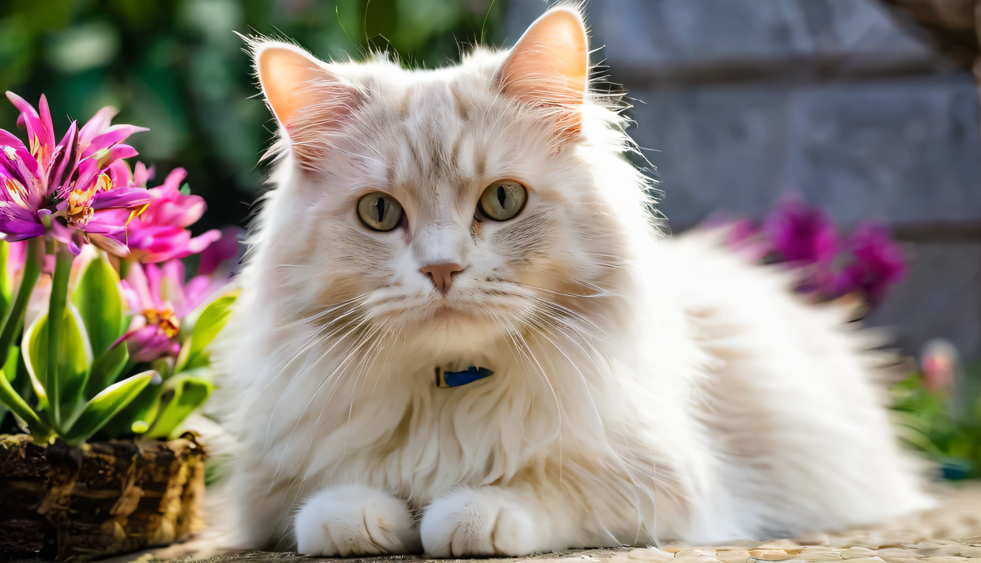 Fluffy white cat reclining among garden flowers — cat, feline, animal — vivid 4K Ultra HD PC desktop wallpaper and background with soft natural lighting.