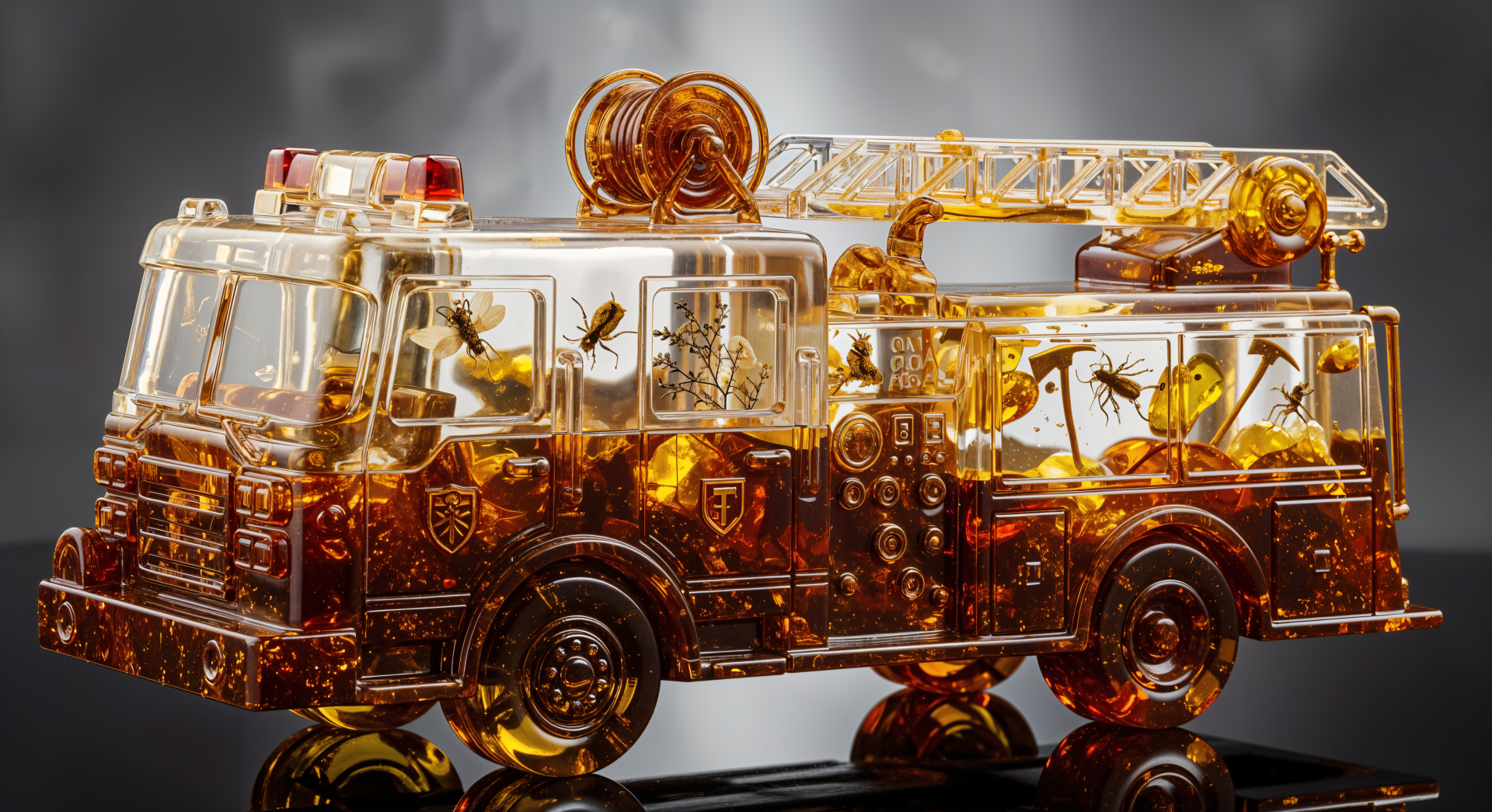Translucent amber toy fire engine with ladder and gleaming reflections on a glossy surface — 4K Ultra HD PC desktop wallpaper background.