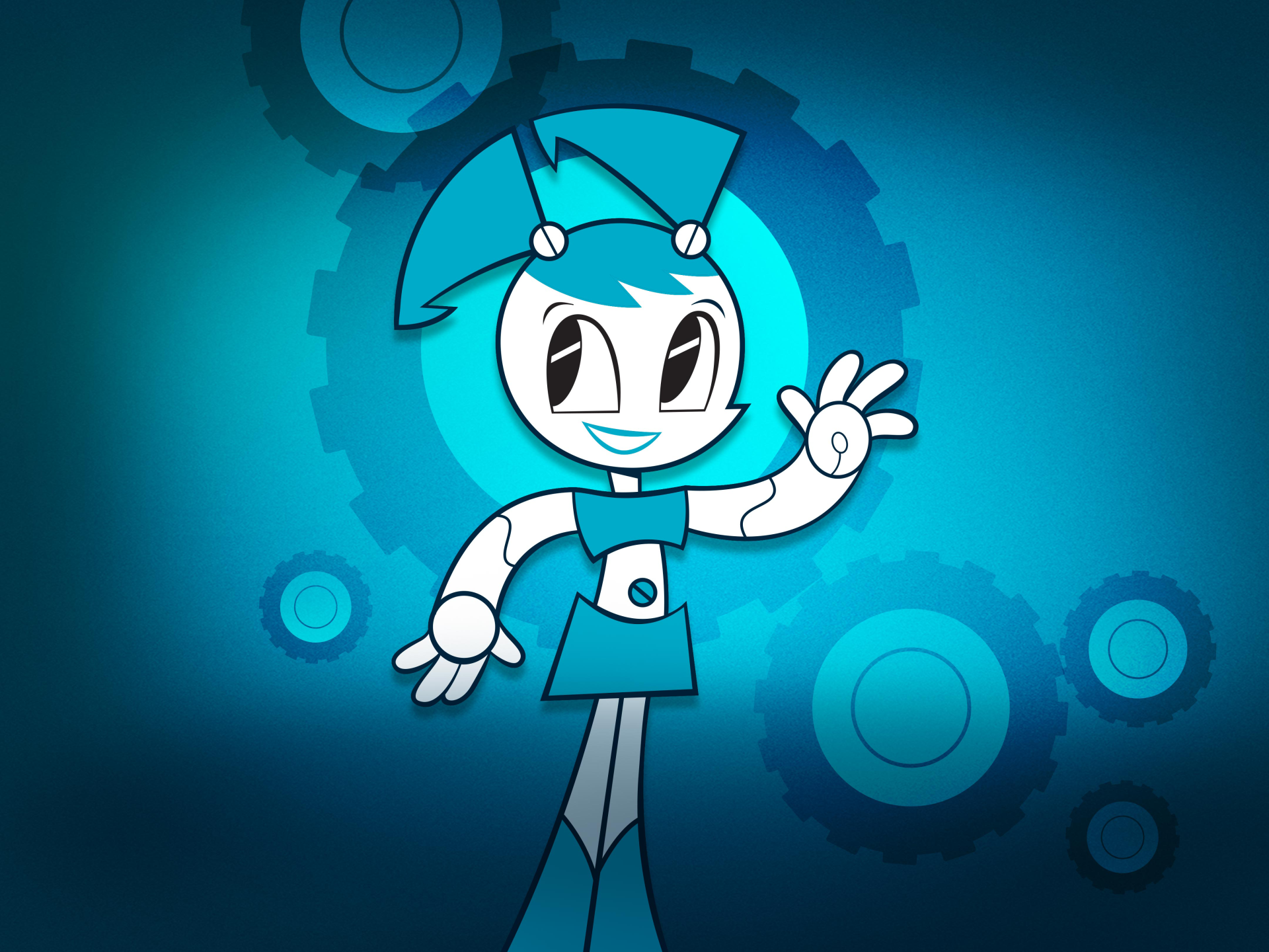 4K Ultra HD PC desktop wallpaper of Jenny (XJ-9) from My Life As A Teenage Robot, smiling and waving against a stylized blue gear-patterned background.