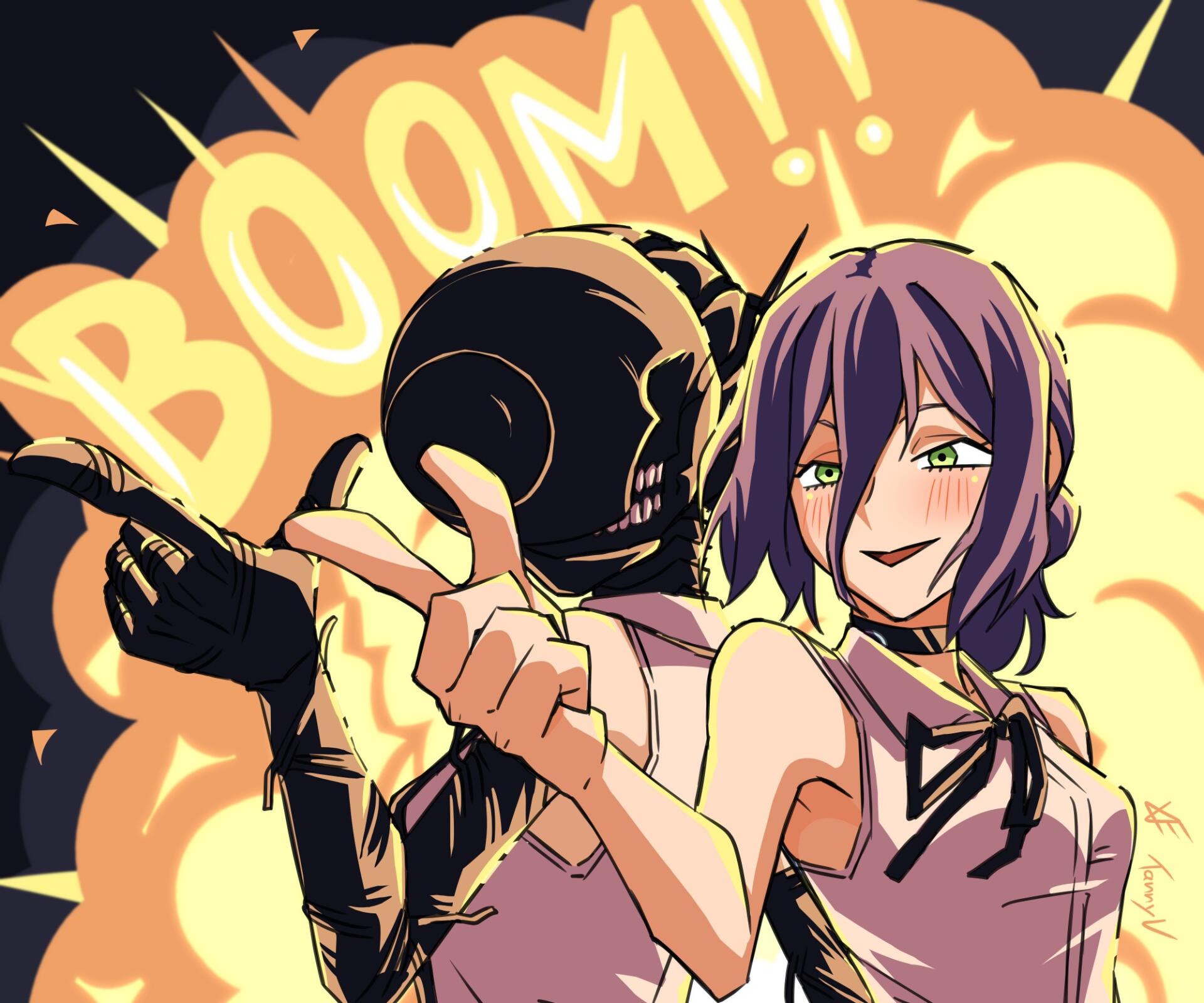 HD PC desktop wallpaper: Anime image of Reze (Chainsaw Man) with purple hair, smiling and pointing beside a masked figure against a bold BOOM explosion background.
