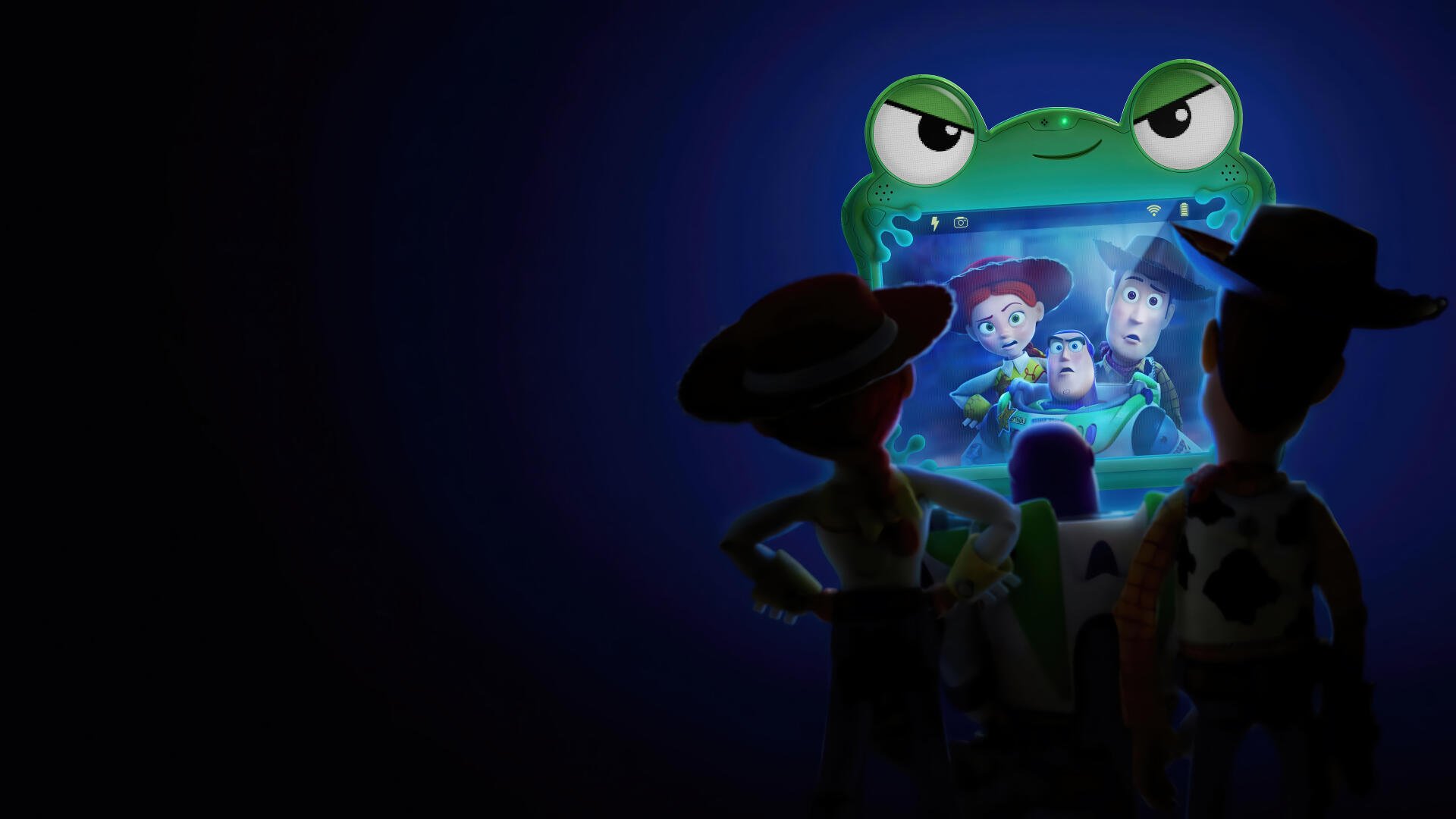 Toy Story 5 4K Ultra HD PC desktop wallpaper and background: Woody and Buzz silhouetted watching a glowing frog-shaped screen showing Jessie, Bo Peep and other toys.
