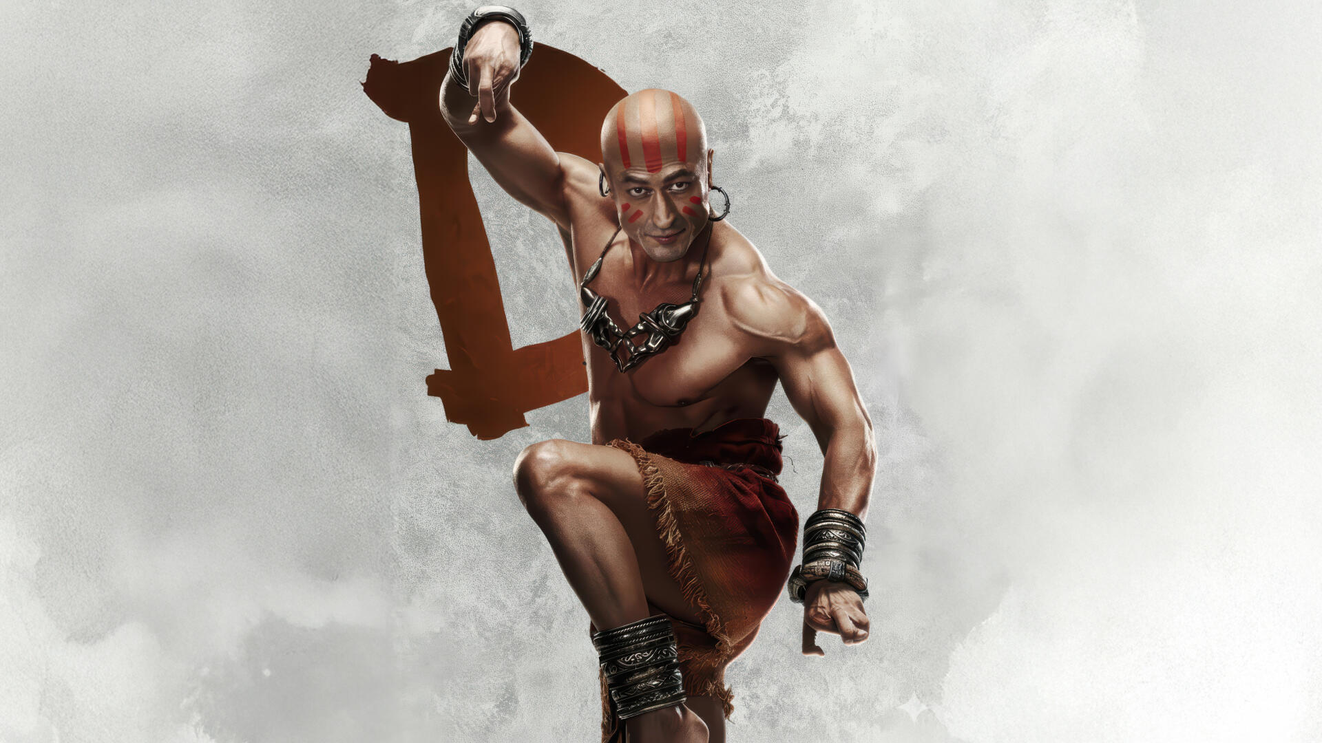 Street Fighter (2026) 5K Ultra HD PC wallpaper: bald, painted martial artist crouches in tribal garb with clenched fist against a smoky, dynamic background.