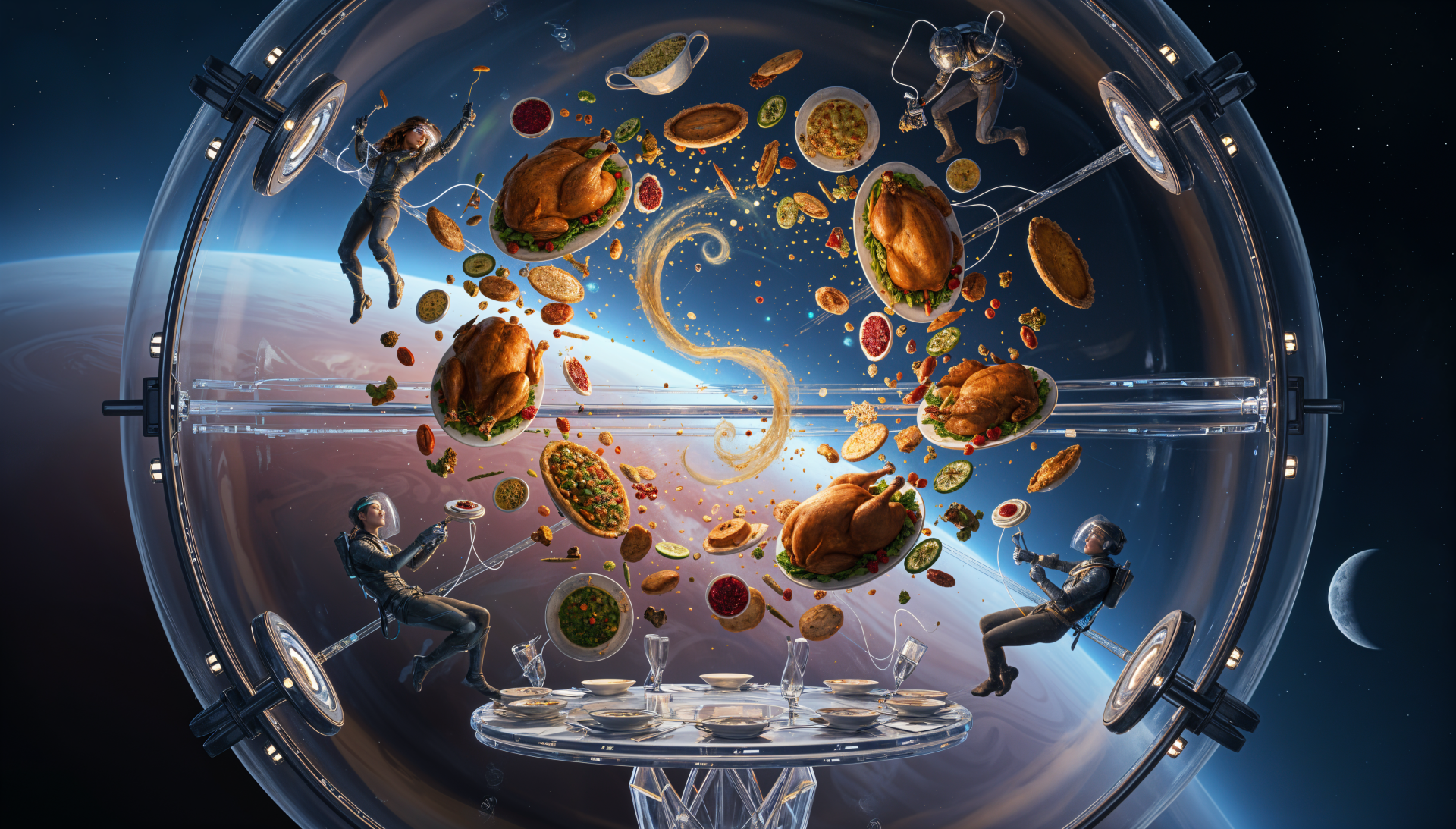 4K Ultra HD PC desktop wallpaper and background: a surreal Thanksgiving dinner—roasted turkeys, pies and floating place settings orbited by astronauts inside a space station.