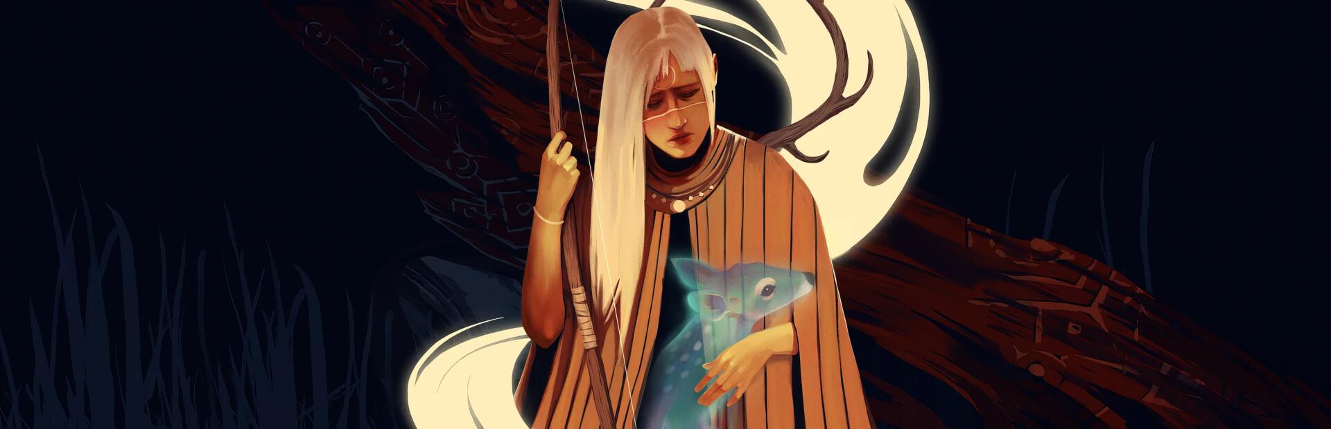 HD PC desktop wallpaper from the video game Death Howl: pale, cloaked figure holding a glowing fawn as luminous antler-shaped light swirls over a dark, moody background.