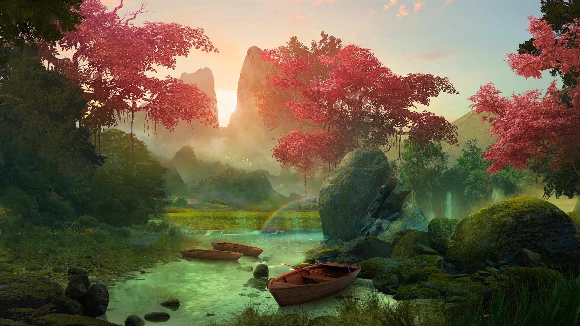 2K Quad HD PC desktop wallpaper and background: a fantasy forest landscape with red-leaved trees, misty river, mossy rocks and two wooden boats beneath a glowing sky.
