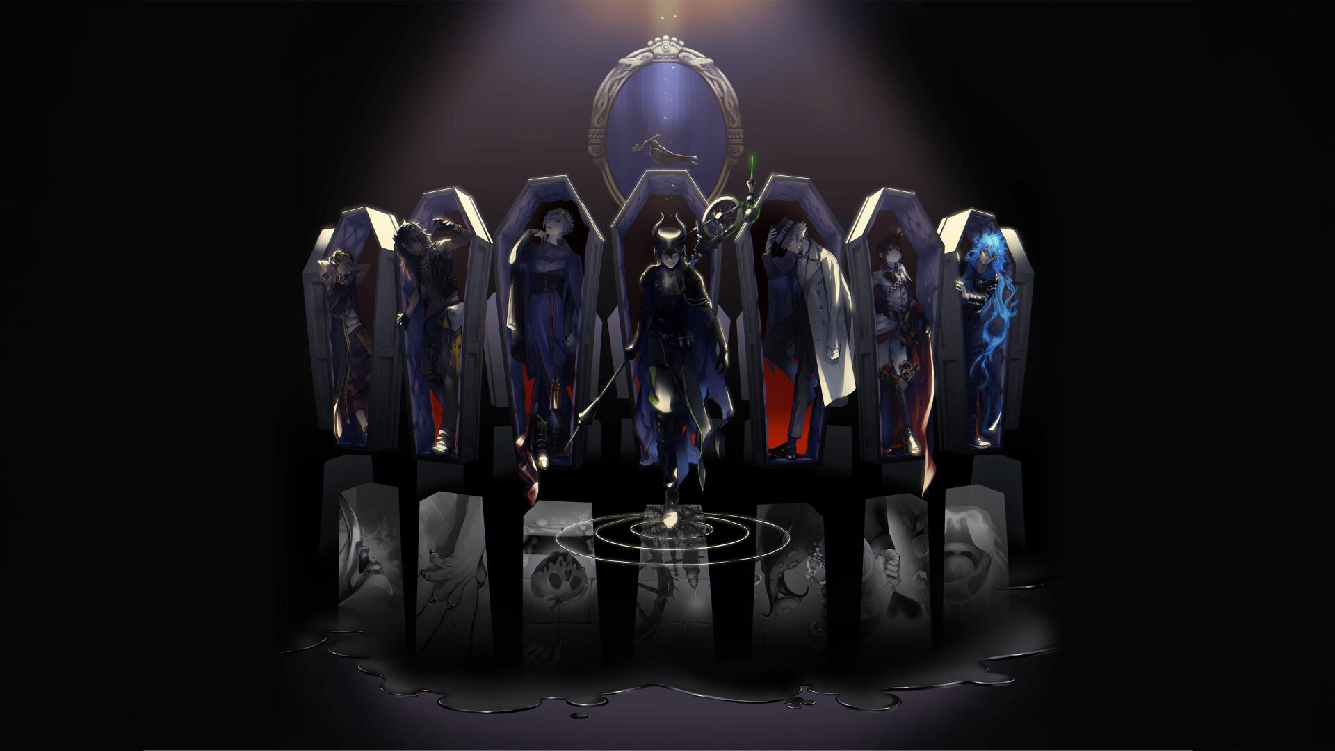 Dark Disney Twisted-Wonderland 4K Ultra HD PC desktop wallpaper/background: seven coffin-like glass cases with silhouetted figures, arcane symbols and glossy floor reflections beneath a lone spotlight.