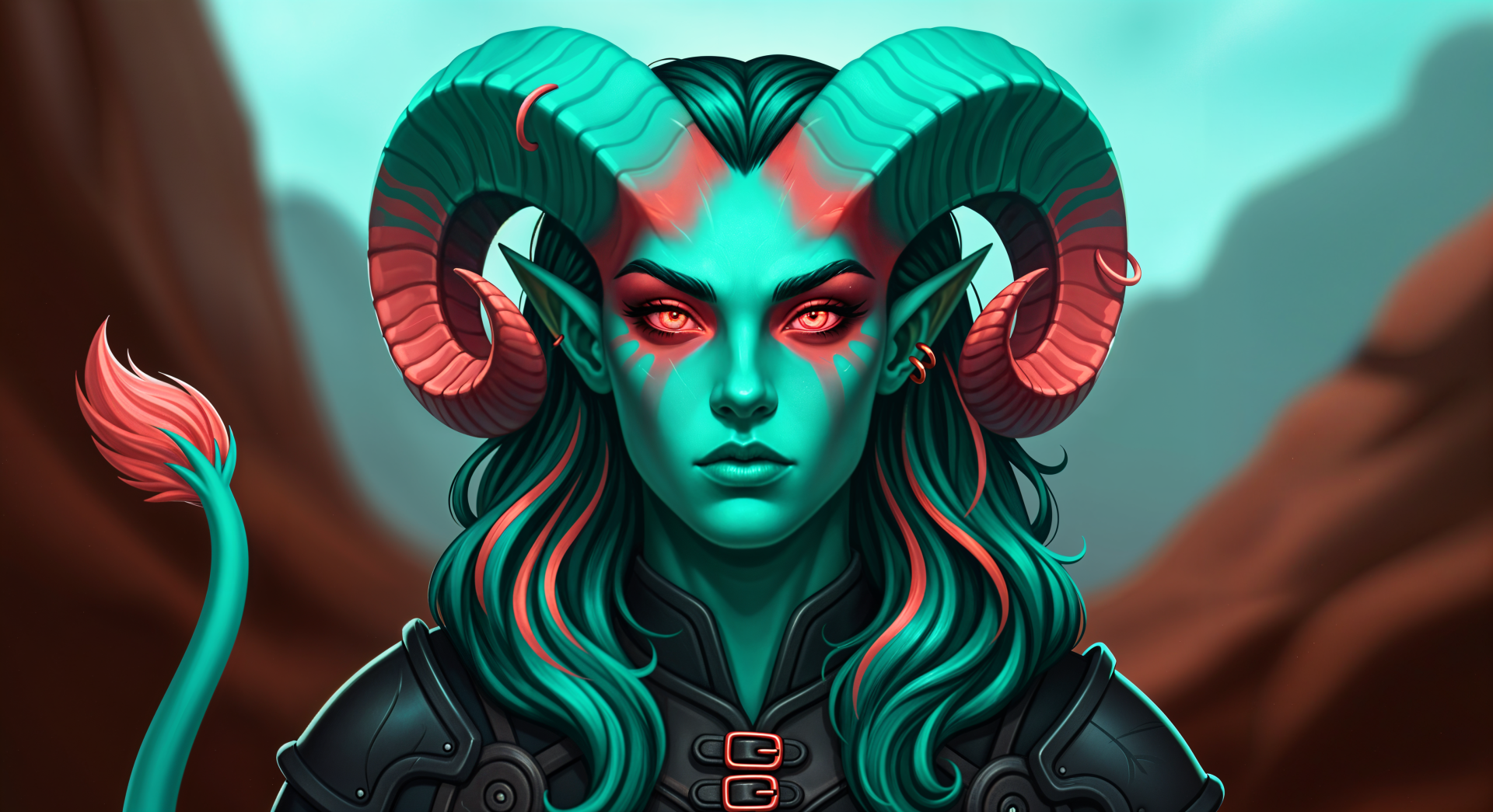4K Ultra HD PC desktop wallpaper of a teal-skinned tiefling with curling ram horns, glowing red eyes, bi-colored hair and dark armor, set against misty mountains.