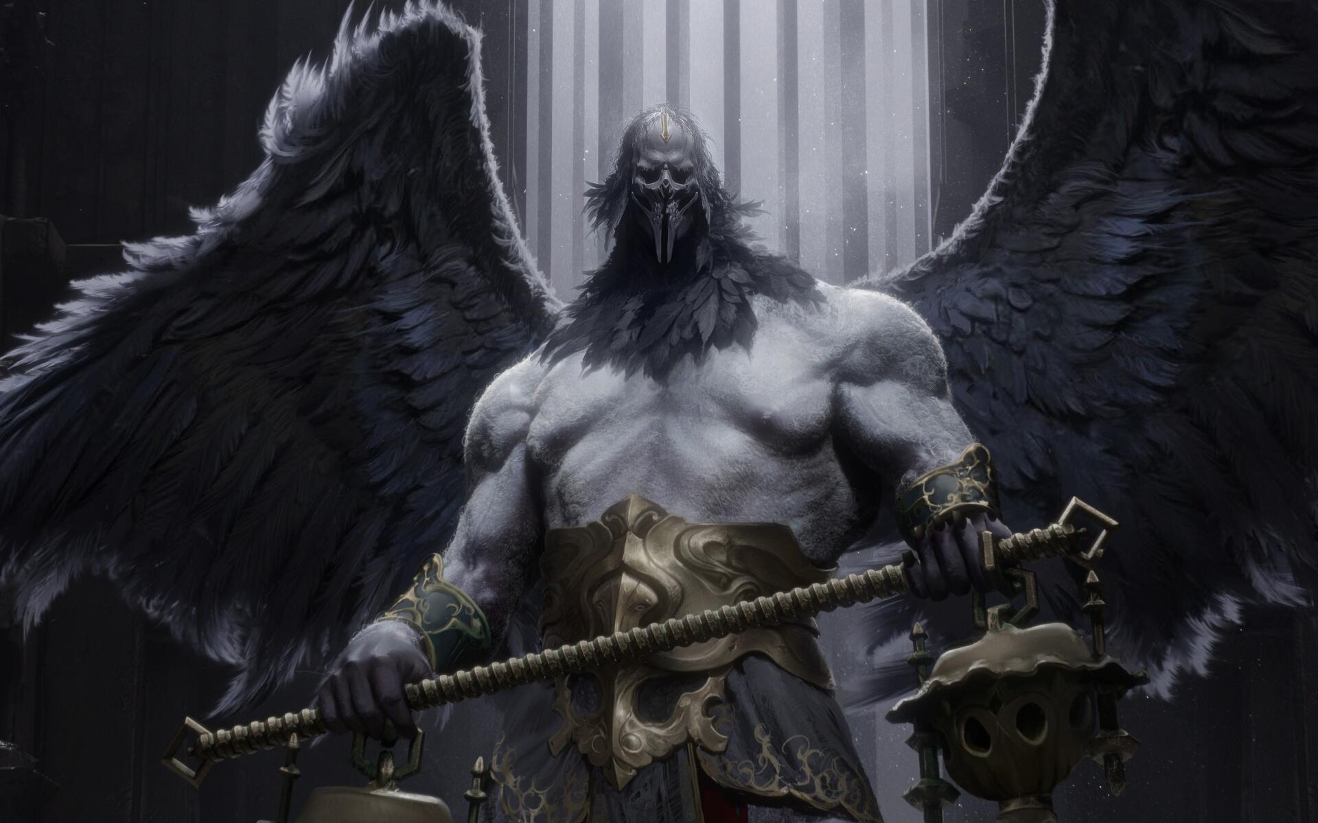 Dark angel fantasy: massive armored winged warrior clutching a spiked mace beneath cathedral shafts of light — 2K Quad HD PC desktop wallpaper/background.