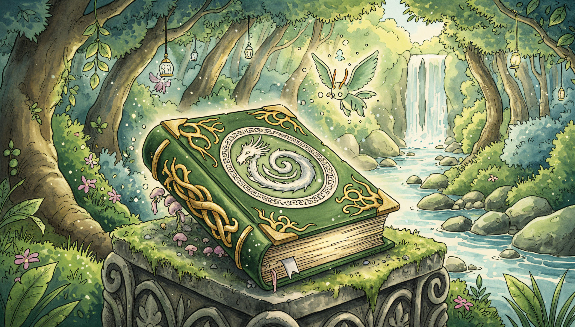Ornate green spellbook on a mossy stone pedestal in a sunlit forest glade with waterfall and tiny winged creature, whimsical 4K Ultra HD PC desktop wallpaper and background.