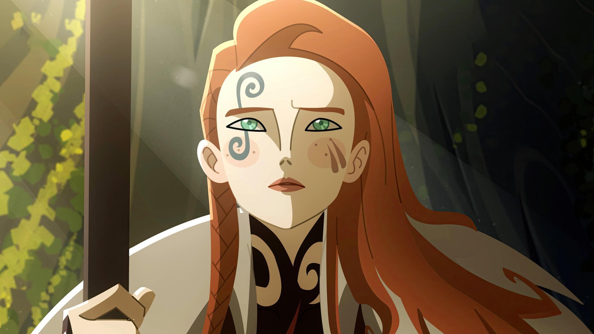 Twilight of the Gods 2K Quad HD PC desktop wallpaper and background: red‑haired warrior with facial tattoos grips a sword in a twilight forest, green eyes fixed forward.