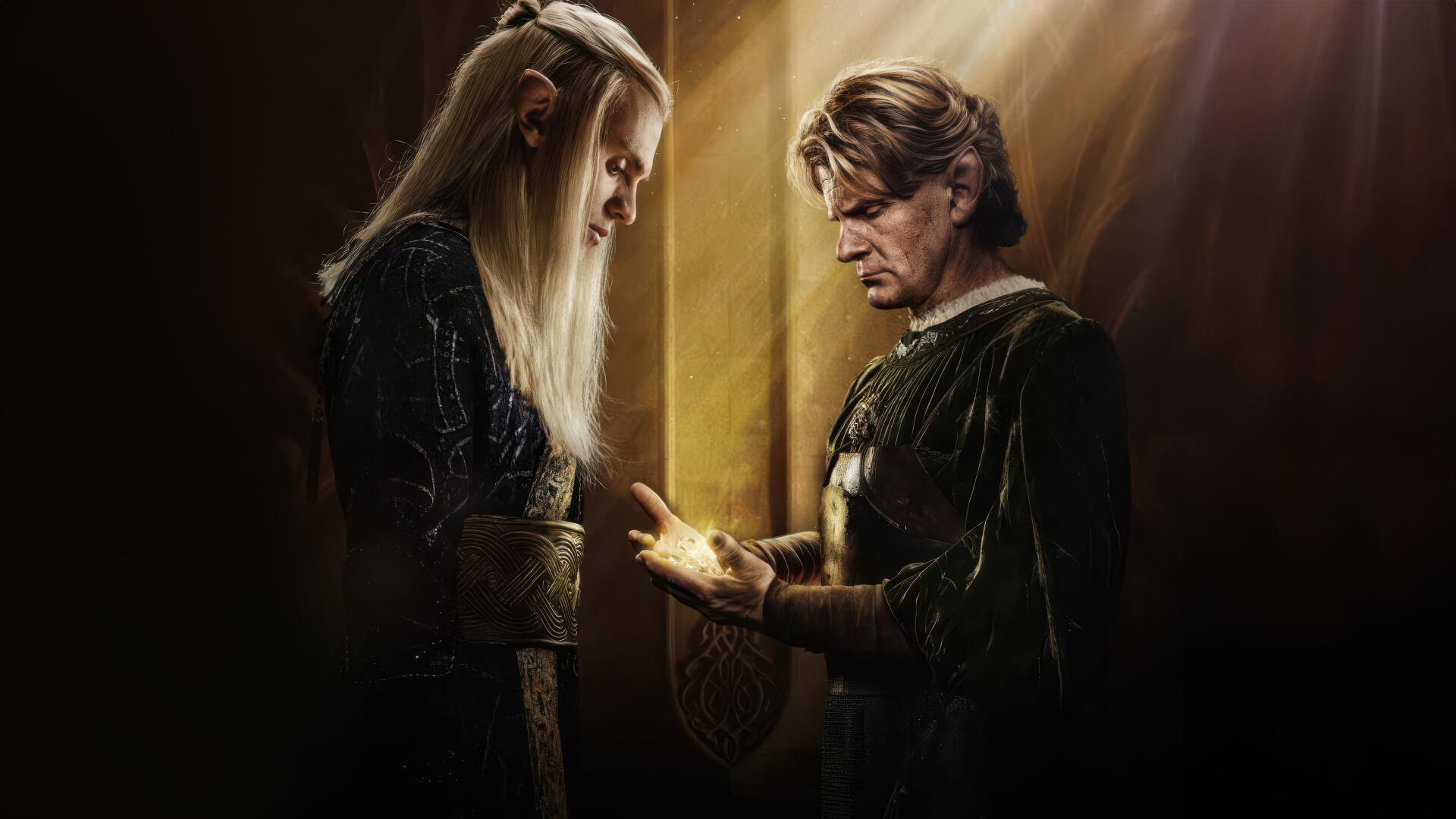 Two figures from The Lord of the Rings: The Rings of Power in a shadowed chamber, one presenting a glowing ring — 4K Ultra HD PC desktop wallpaper.