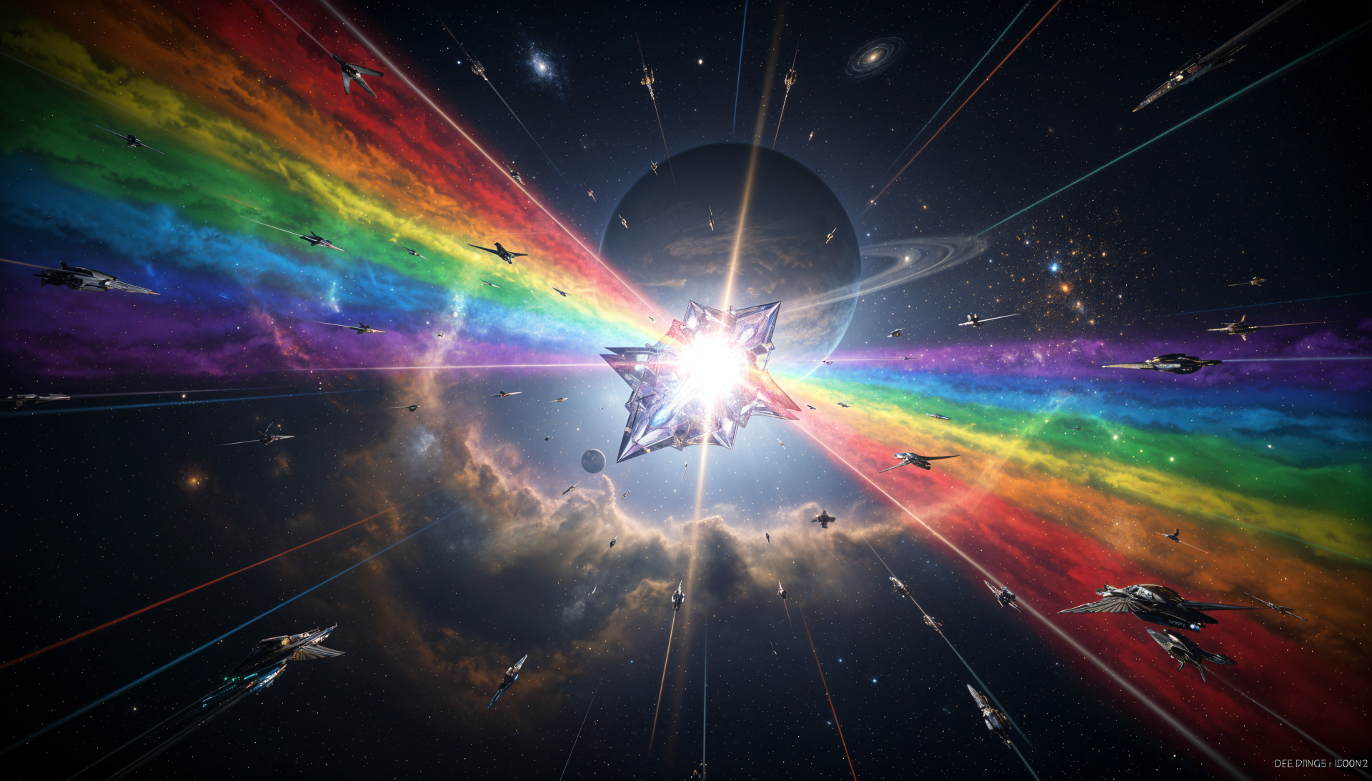 Space opera 4K Ultra HD PC Desktop Wallpaper and Background: a colossal starship erupts into a radiant rainbow beam across a starfield, surrounded by fleets, nebulae, and cosmic lights.