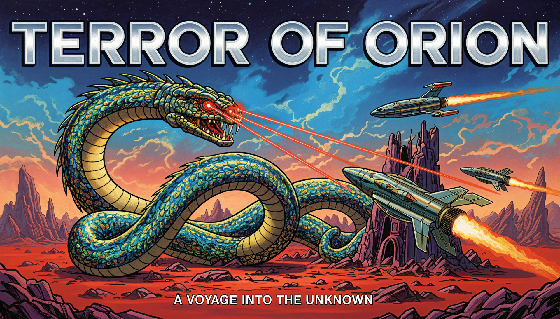 4K Ultra HD PC desktop wallpaper and background: a colossal basilisk with glowing eyes firing laser beams across a red alien landscape while starfighters and a futuristic ship battle near a jagged fortress.