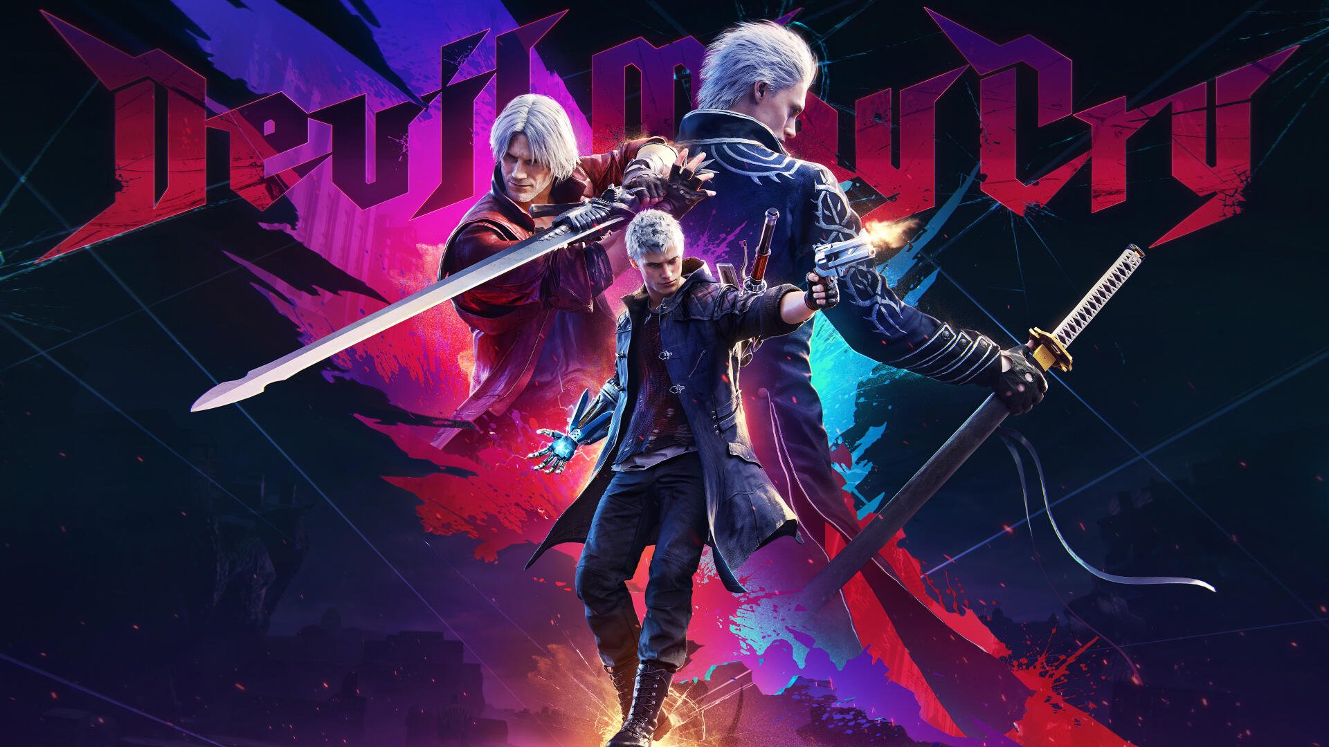 Devil May Cry 5 4K Ultra HD PC Desktop Wallpaper and Background — three sword-wielding demon hunters in dynamic poses against a neon red-purple backdrop and game logo.