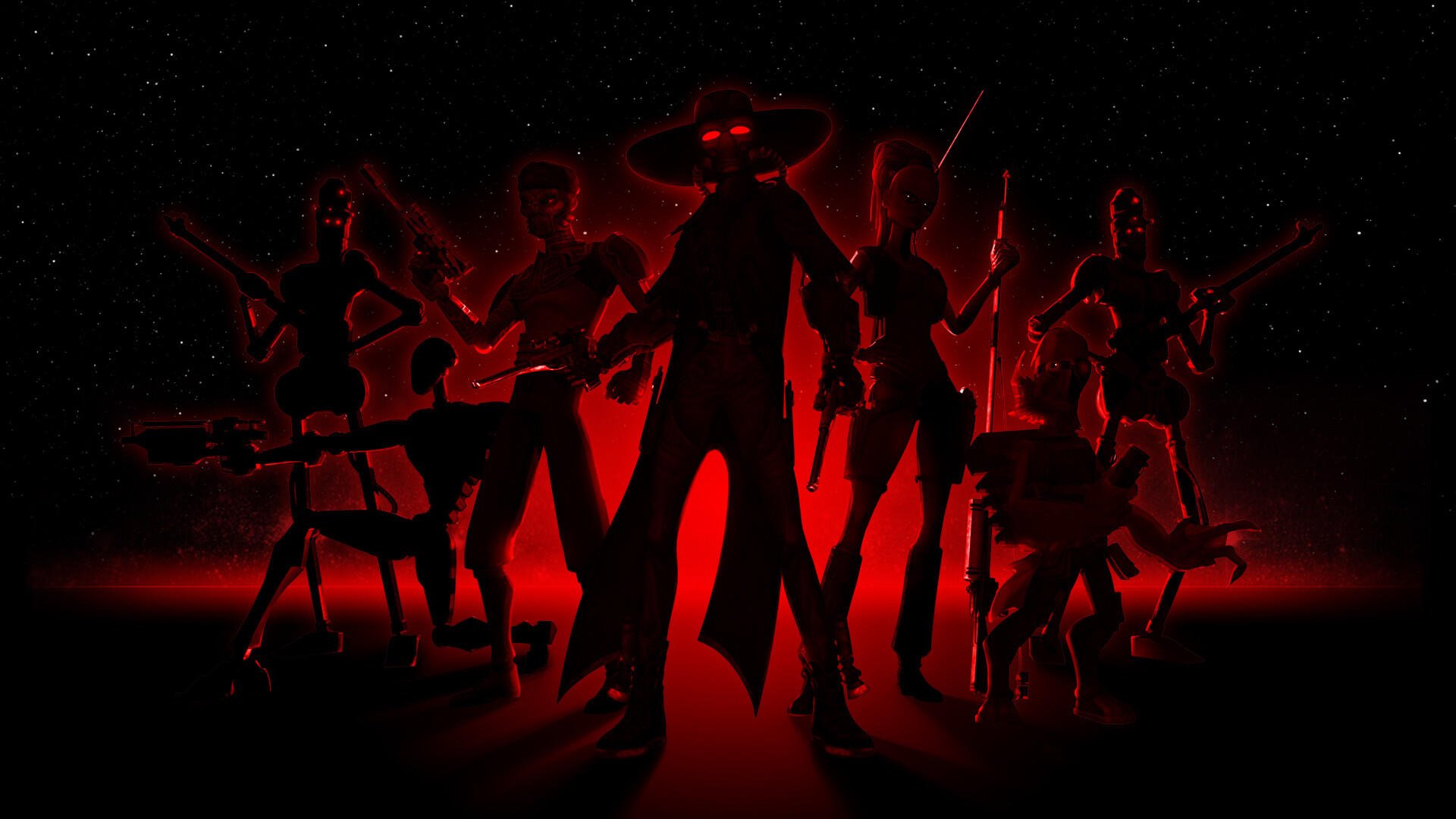 Star Wars: The Clone Wars (2008) HD PC desktop wallpaper and background — red-backlit silhouettes of warriors, droids, and a horned central figure against a starry black sky.