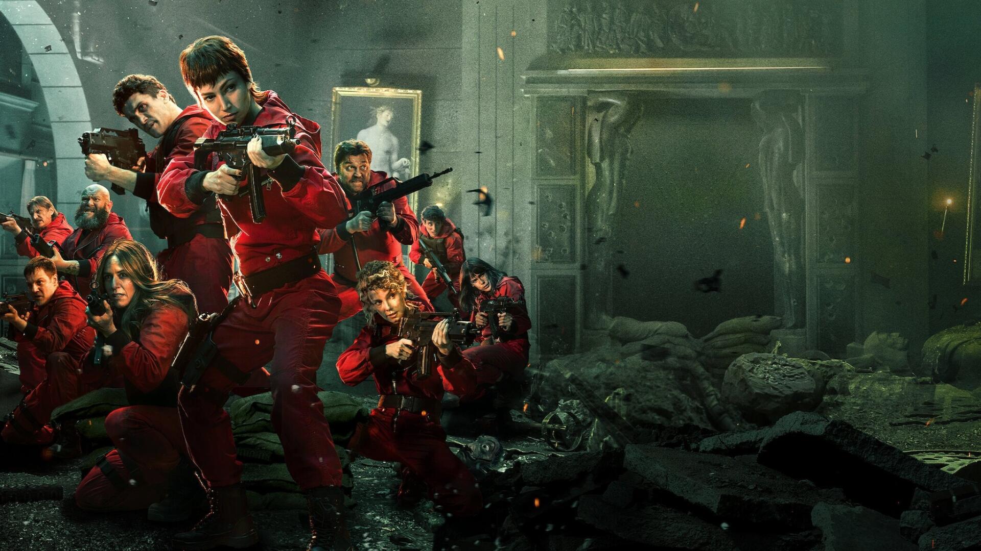 Money Heist HD PC desktop wallpaper/background: red‑suit robbers with guns take cover in a ruined vault, dust and debris swirling under a moody greenish light.