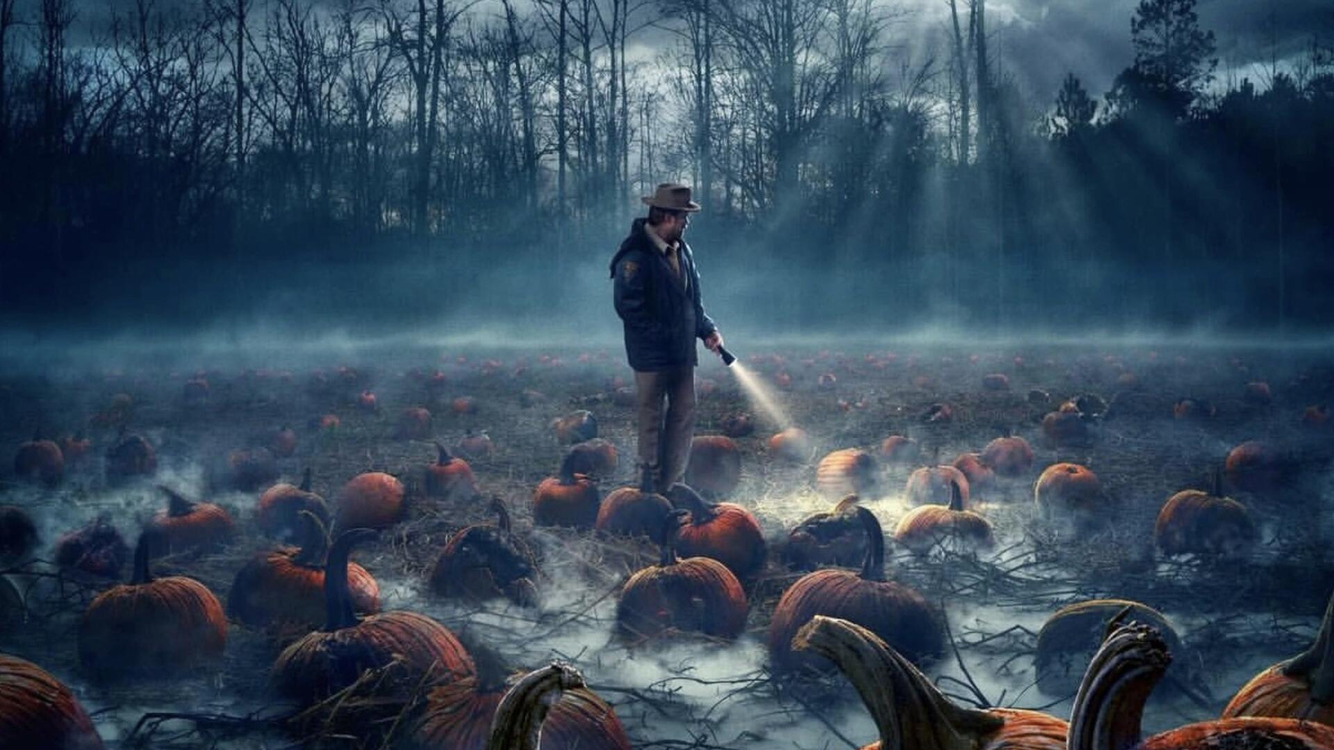 Stranger Things 4K Ultra HD PC desktop wallpaper/background: lone figure with flashlight in a misty pumpkin patch, eerie light rays and gnarled pumpkins.