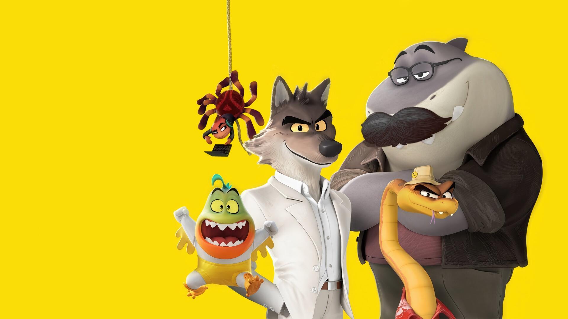 The Bad Guys 2 4K Ultra HD PC desktop wallpaper showing four animated characters on bright yellow: a wolf in a white suit, a large shark-like boss, a grinning snake and a small yellow reptile.